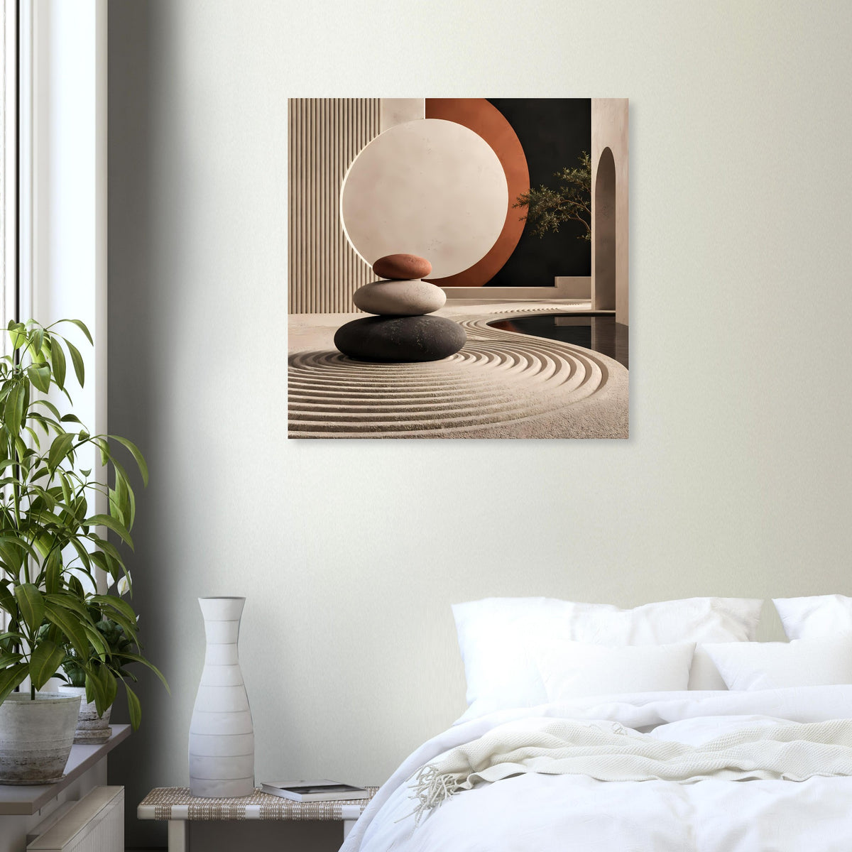 Kunstposter mit minimalistischer Zen-Komposition: Kreisfläche, Stapelsteine, spiralförmige Rillen