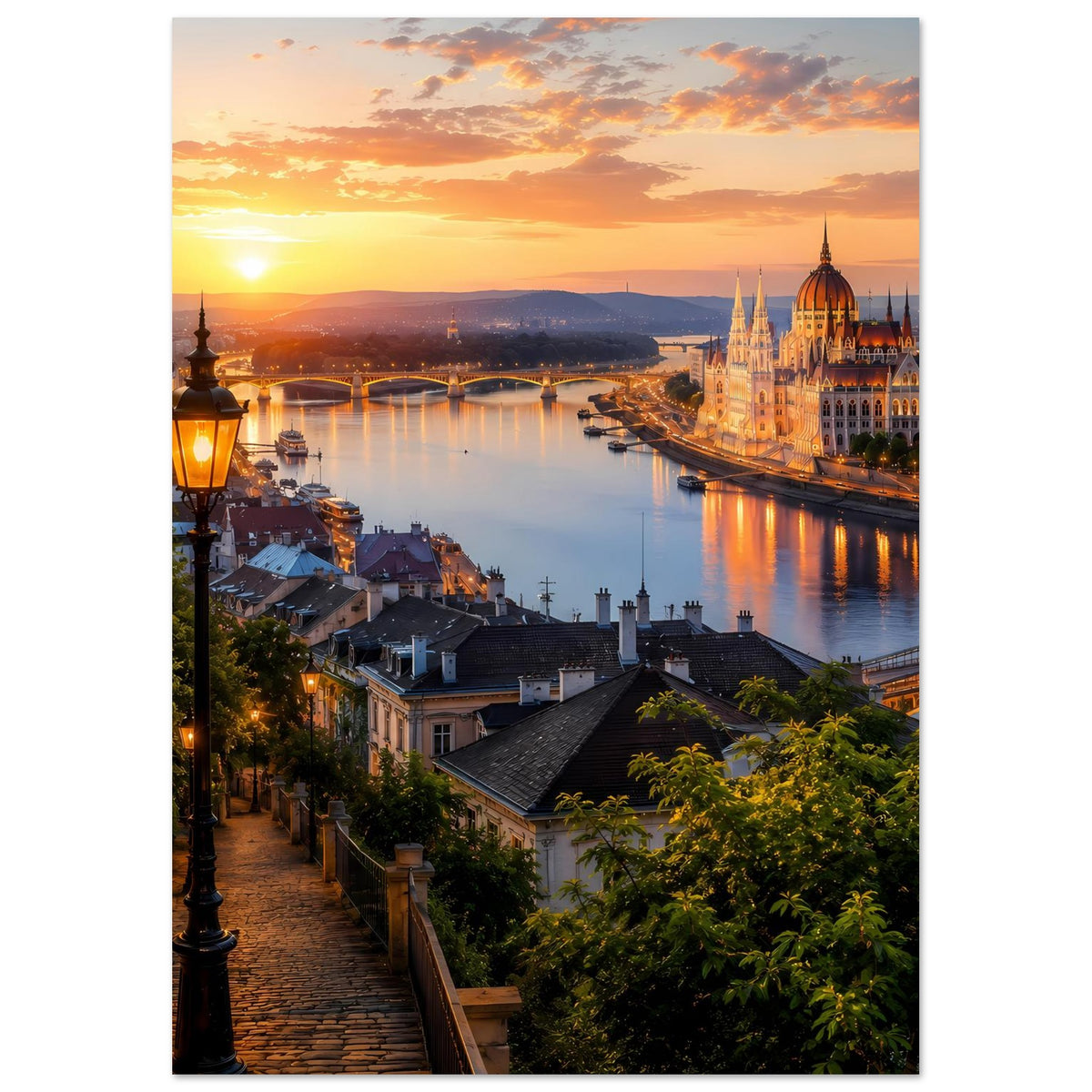 Poster: Warmes Sonnenlicht über Fluss und Brücke, mit beleuchtetem Stadtgebäude rechts