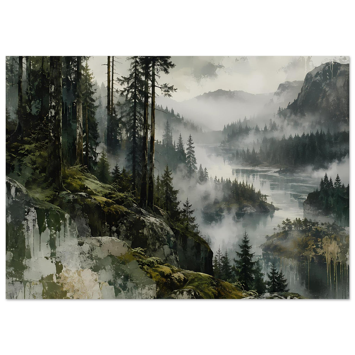 Wandposter mit nebligem Wald, hohen Tannen, Felsen und Flusslandschaft