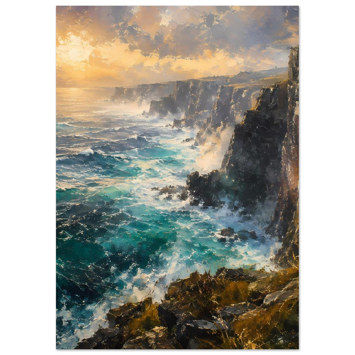 Vertikales Poster mit Felsklippen und türkisfarbenem Meer bei Sonnenuntergang