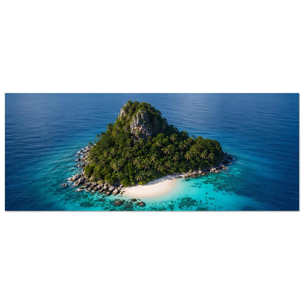 Horizontales Poster mit Insel: kleiner Dschungelberg, Sandbucht und türkisblaues Wasser