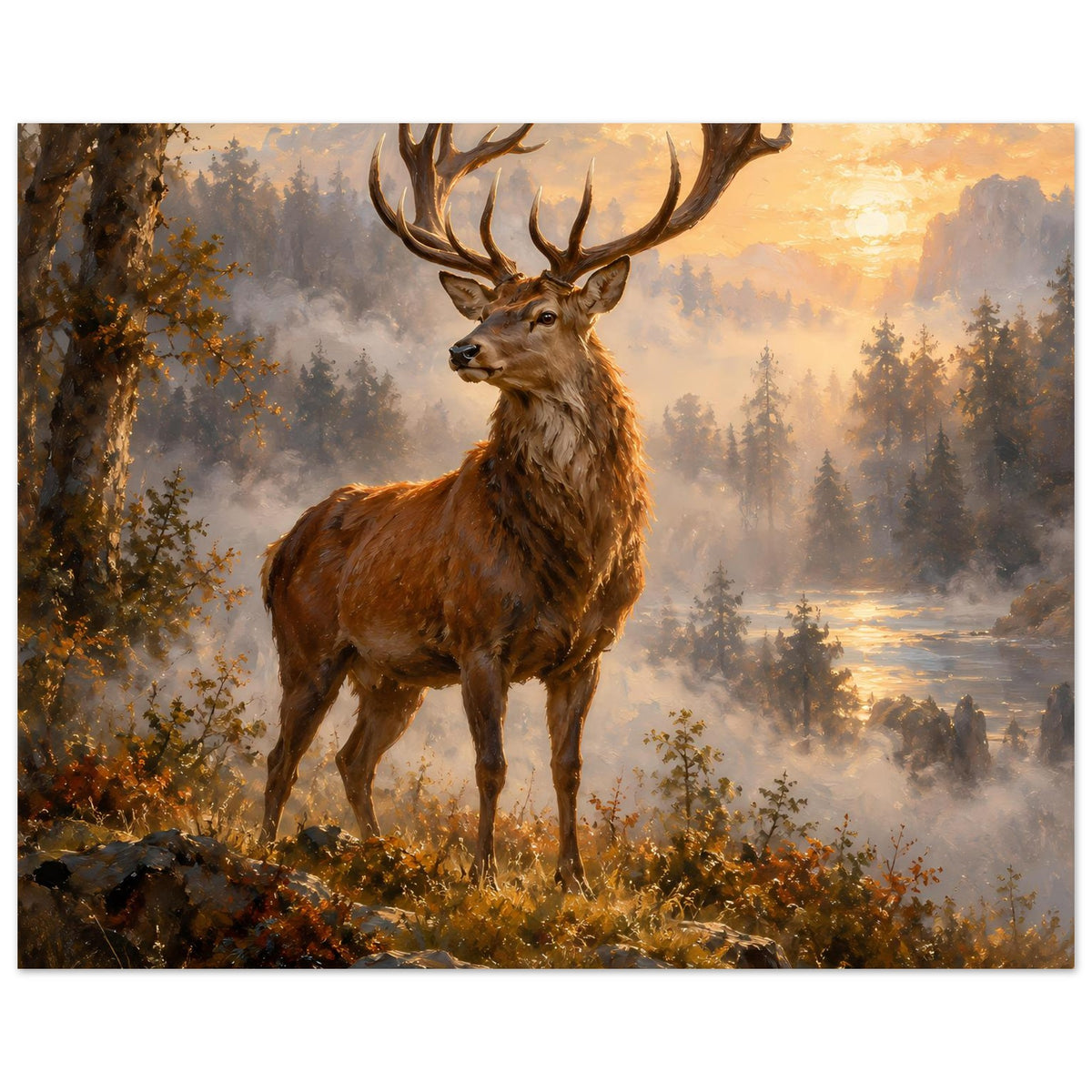 Poster: brauner Hirsch mit Geweih auf Felsen im Sonnenaufgang-Wald, Querformat