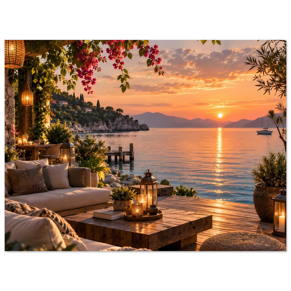 Poster einer mediterranen Terrasse am Wasser: Bougainvillea, Sitzbank, Laternen und Sonnenuntergang