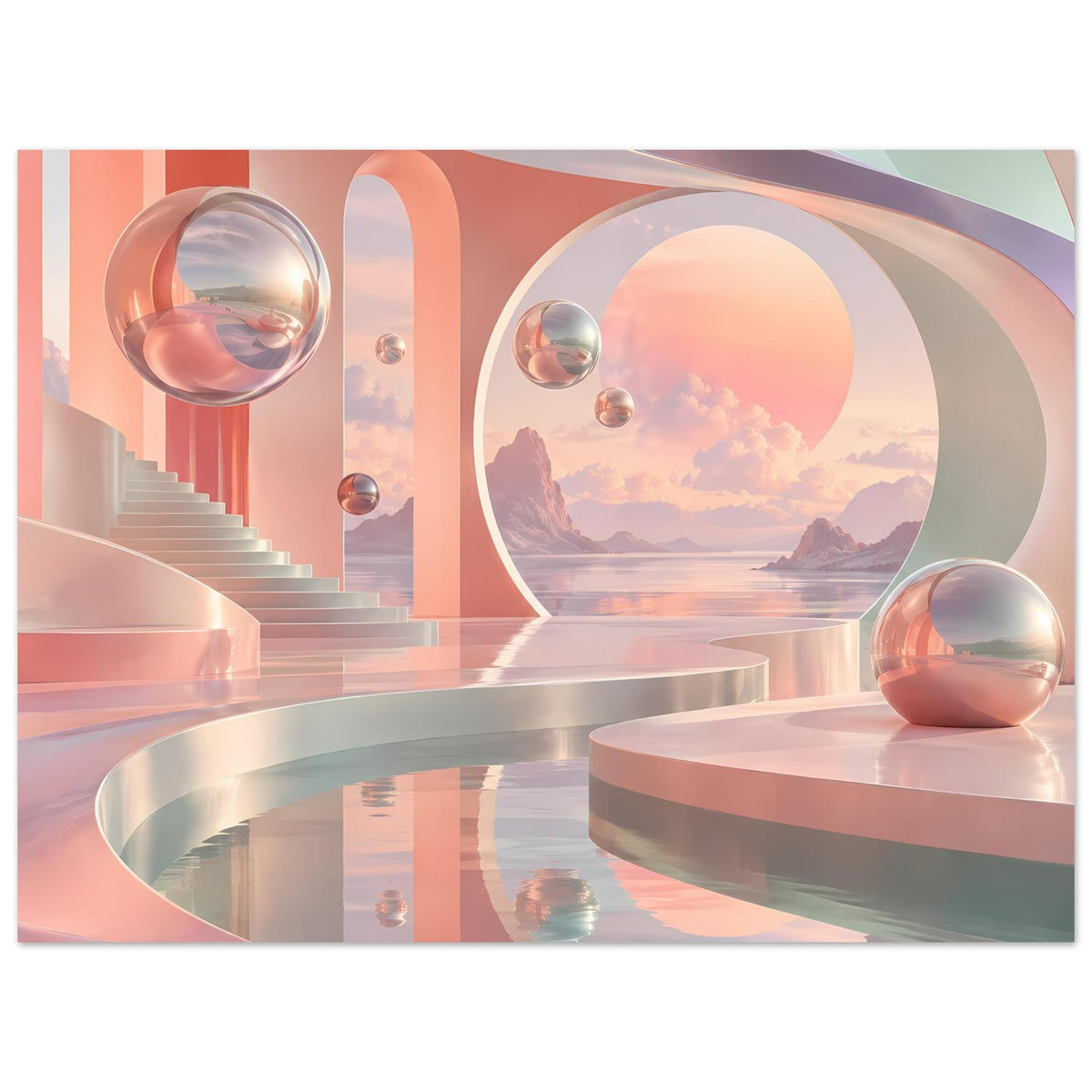 Surrealistisches Poster mit pastellfarbener Landschaft, reflektierenden Kugeln und Bögen