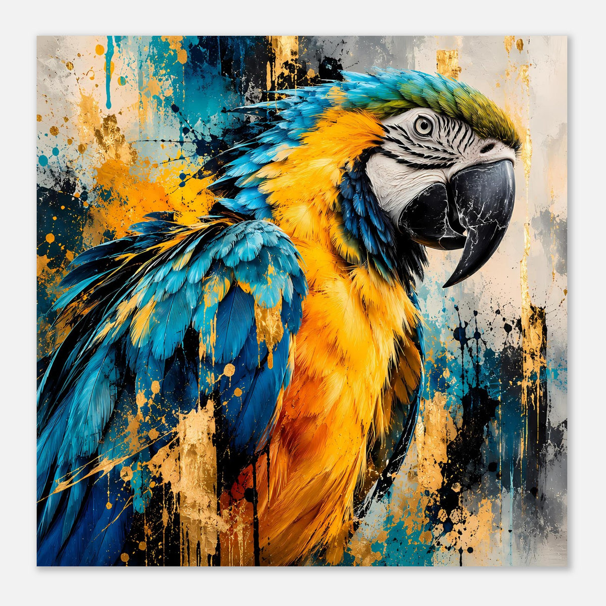 Parrot-Kunstposter im Querformat: zentriertes Papagei-Porträt mit farbigen Federn und Spritzoptik