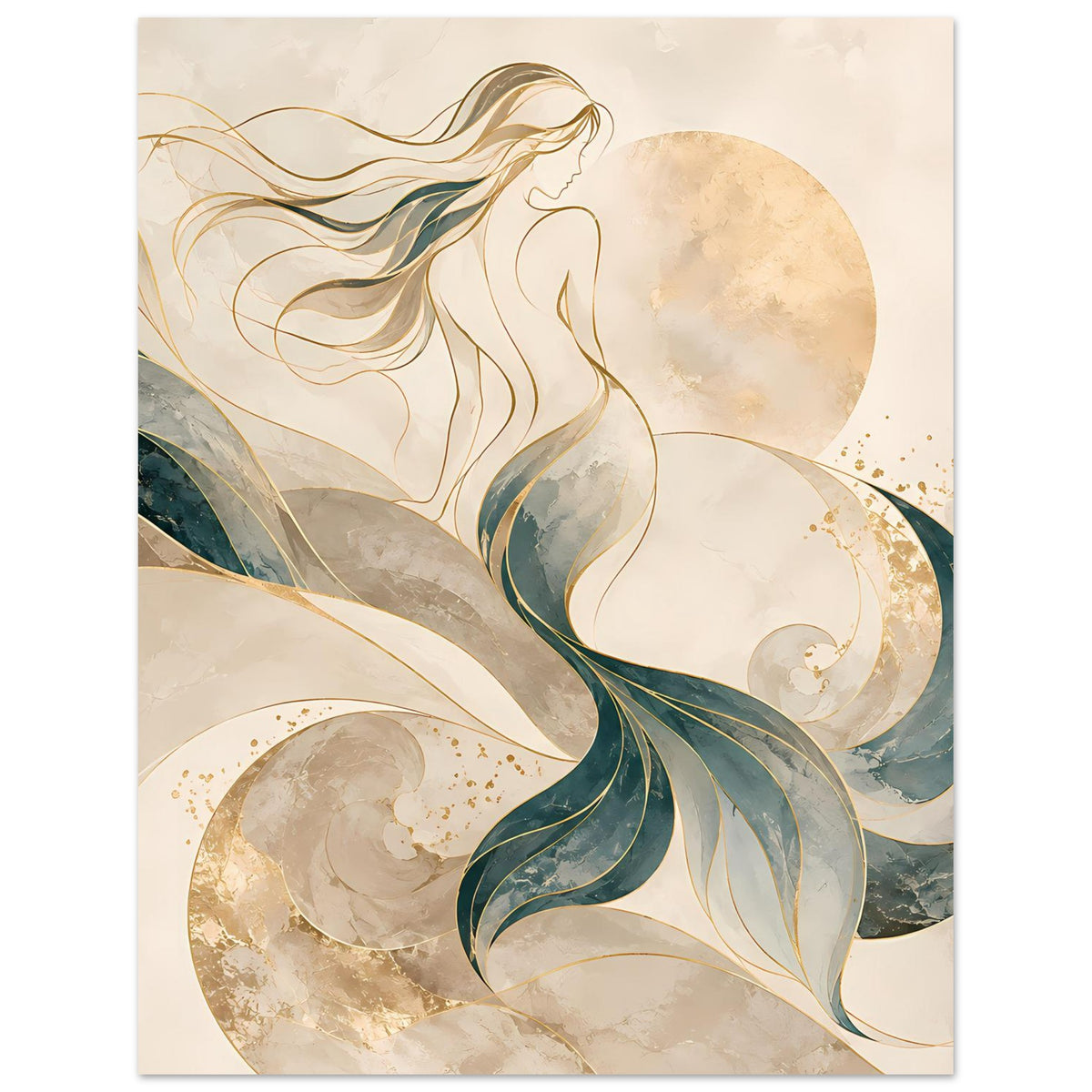 Fantasy-Kunstposter mit Meerjungfrau in Creme und Gold, türkisgrüner Schwanzflosse