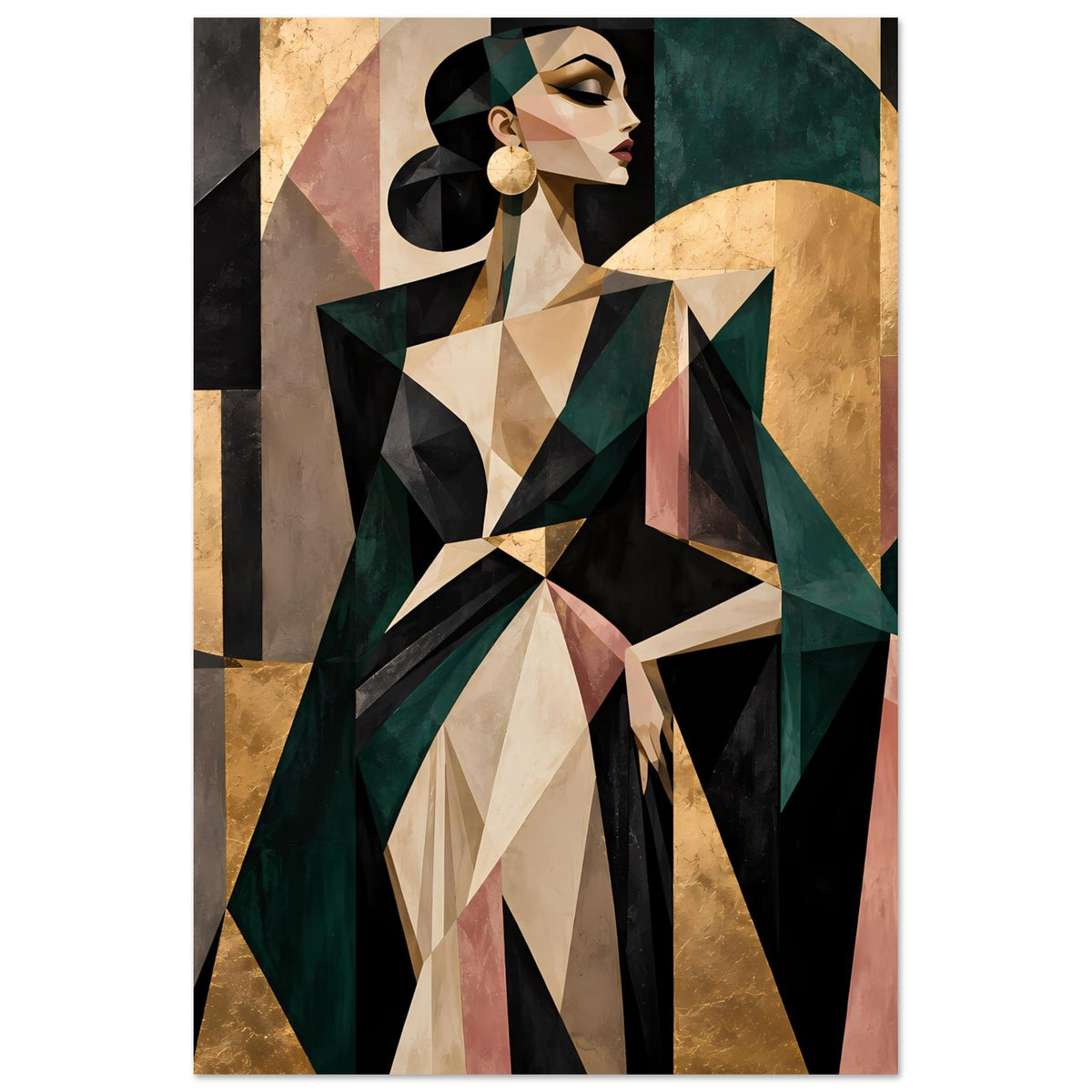 Abstraktes Poster mit geometrischer Frau in Olivgrün, Gold und Rosé