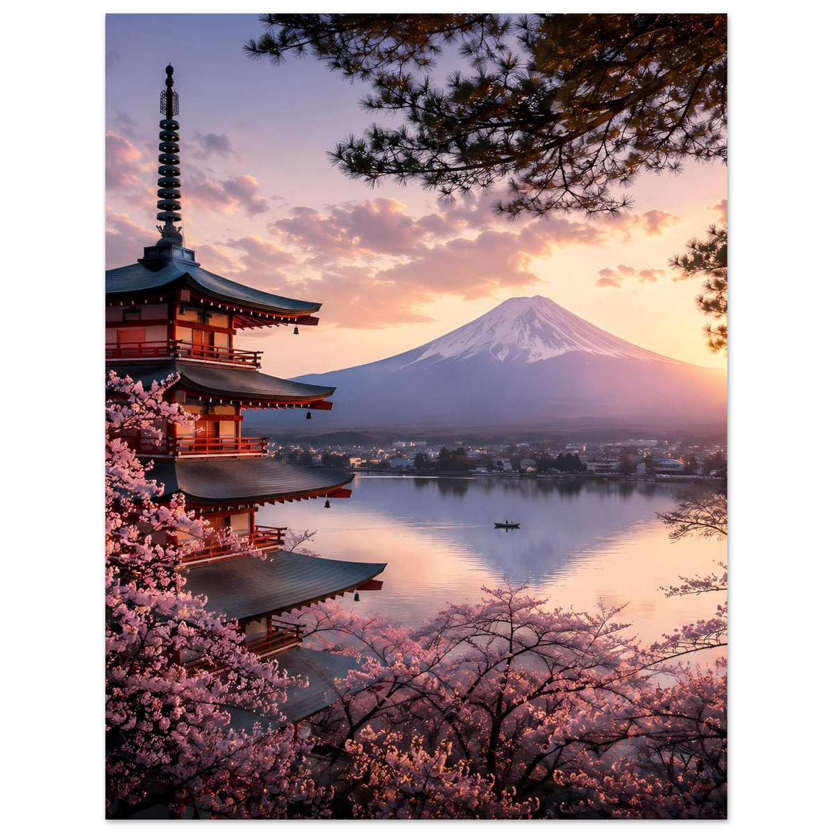 Vertikales Poster mit Pagode links, Berg Fuji mittig und Kirschblüten entlang des unteren Rands