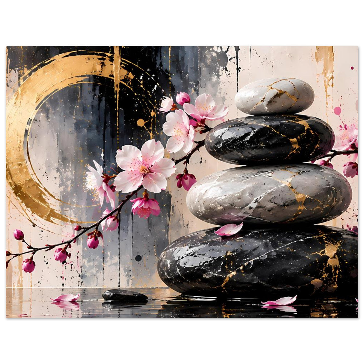 Zen-Poster im Querformat mit Kirschblüten, goldenen Akzenten und Massage-Steinen