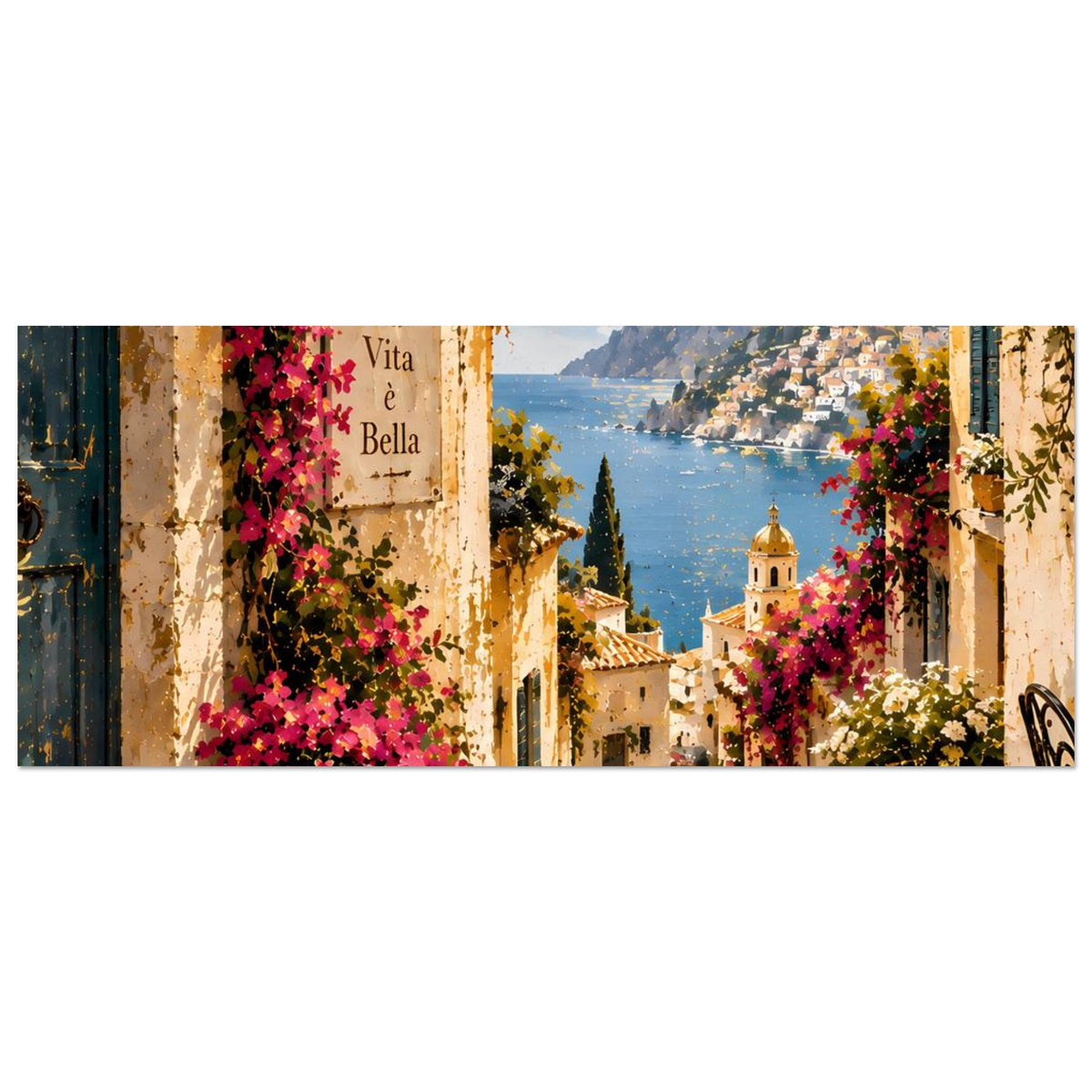 Wandposter Querformat: Bougainvillea an Mauern, Weg zur Bucht und Berge im Hintergrund