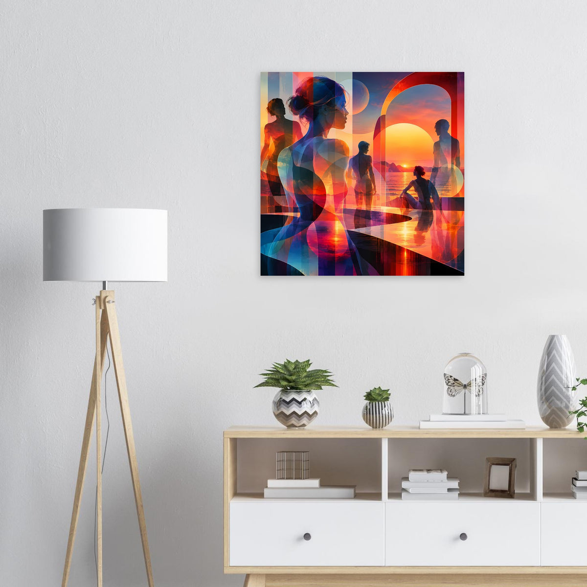 Kunstposter mit überlagerter Menschengestalt, warmem Orange-Sonnenuntergang und blauen Farbflächen