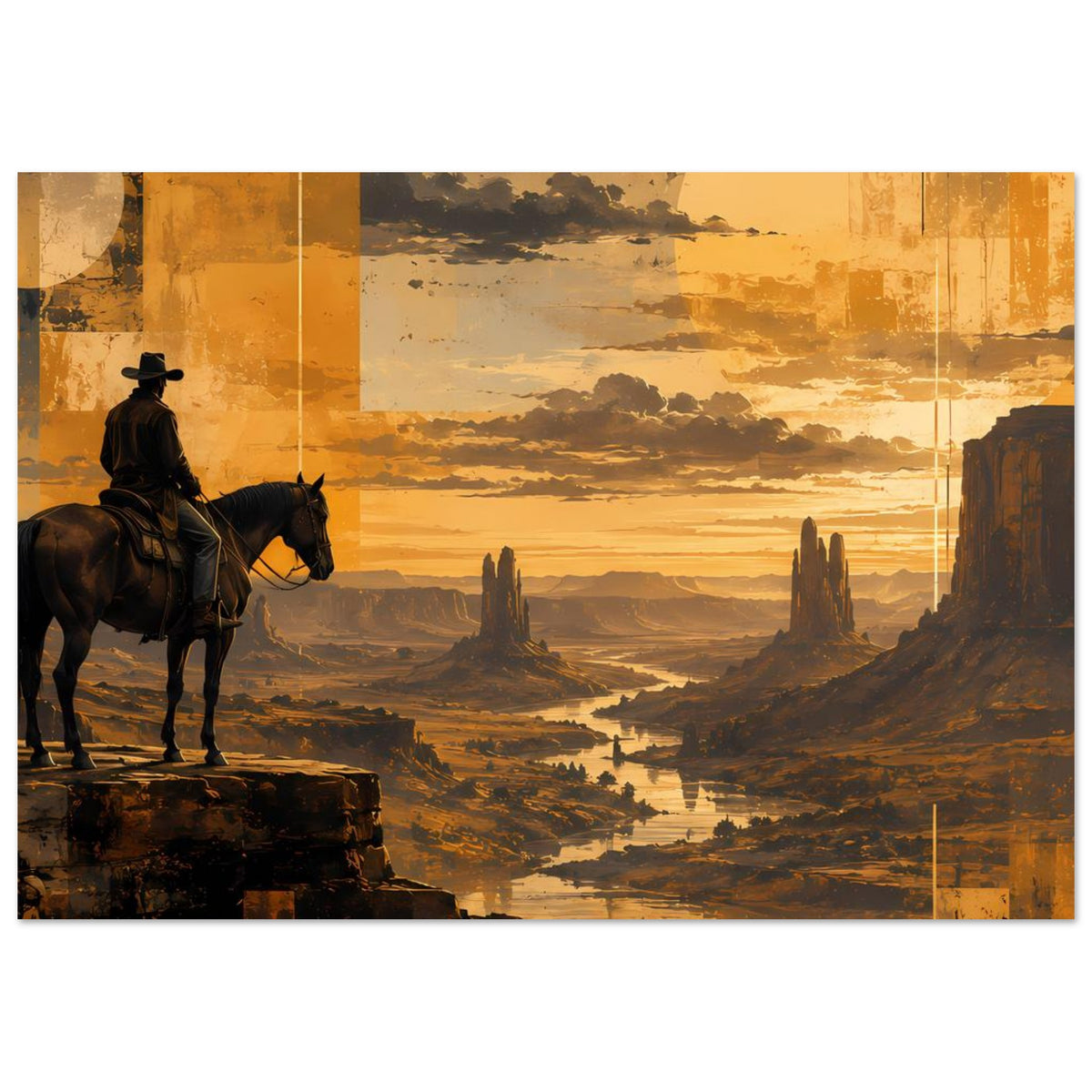 Horizontales Poster mit Cowboy und Pferd, Wüstenfluss und Felsformationen im goldenen Licht