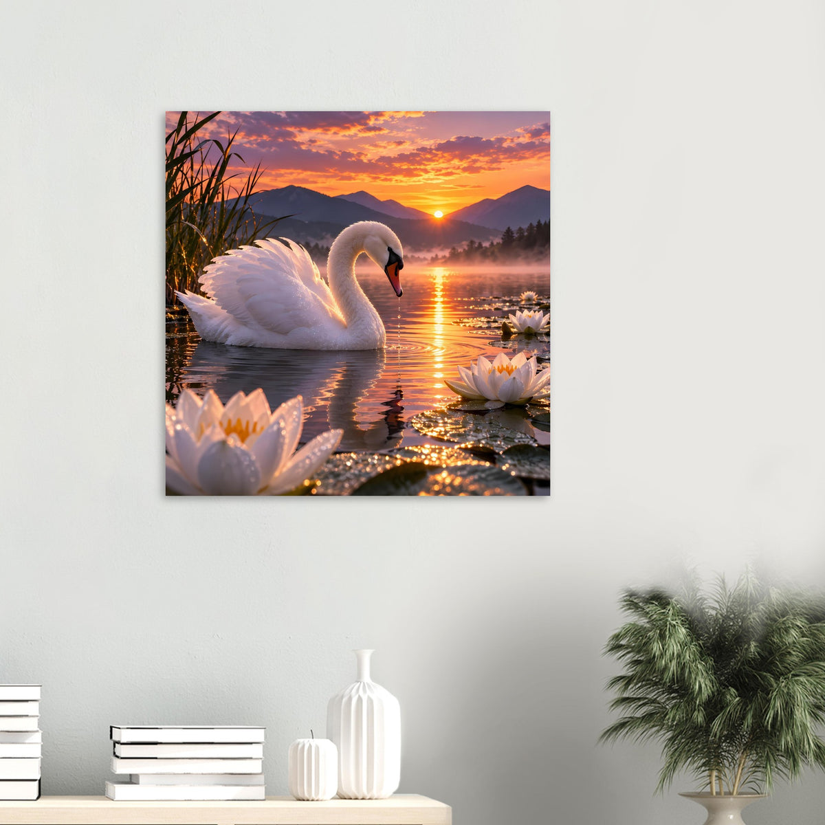 Quadratisches Poster mit weißem Schwan und Seerosen am See bei Sonnenuntergang