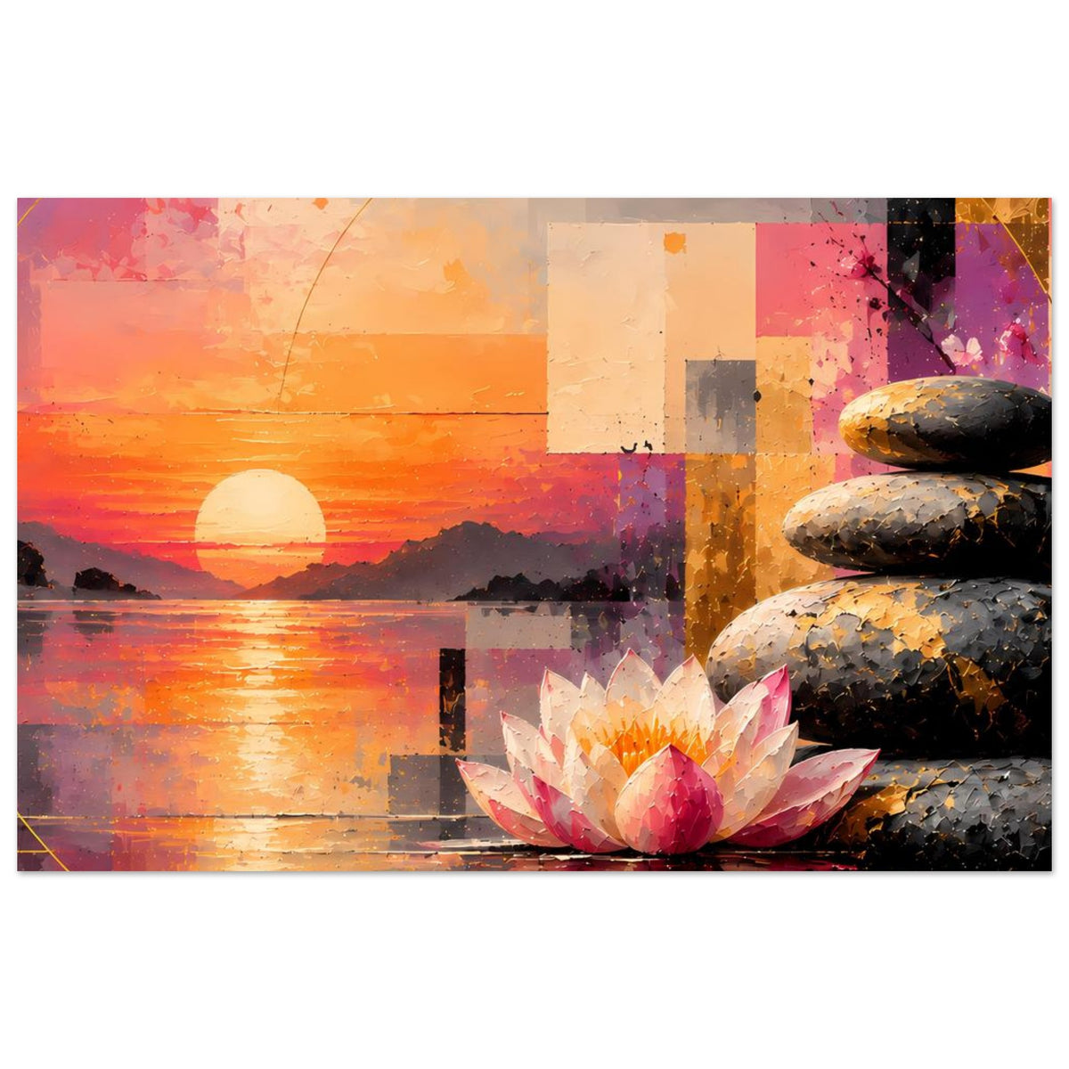 Kunstdruck im Querformat: farbiger Sonnenuntergang mit Lotusblüte, Steinen und rosa Blütenblättern