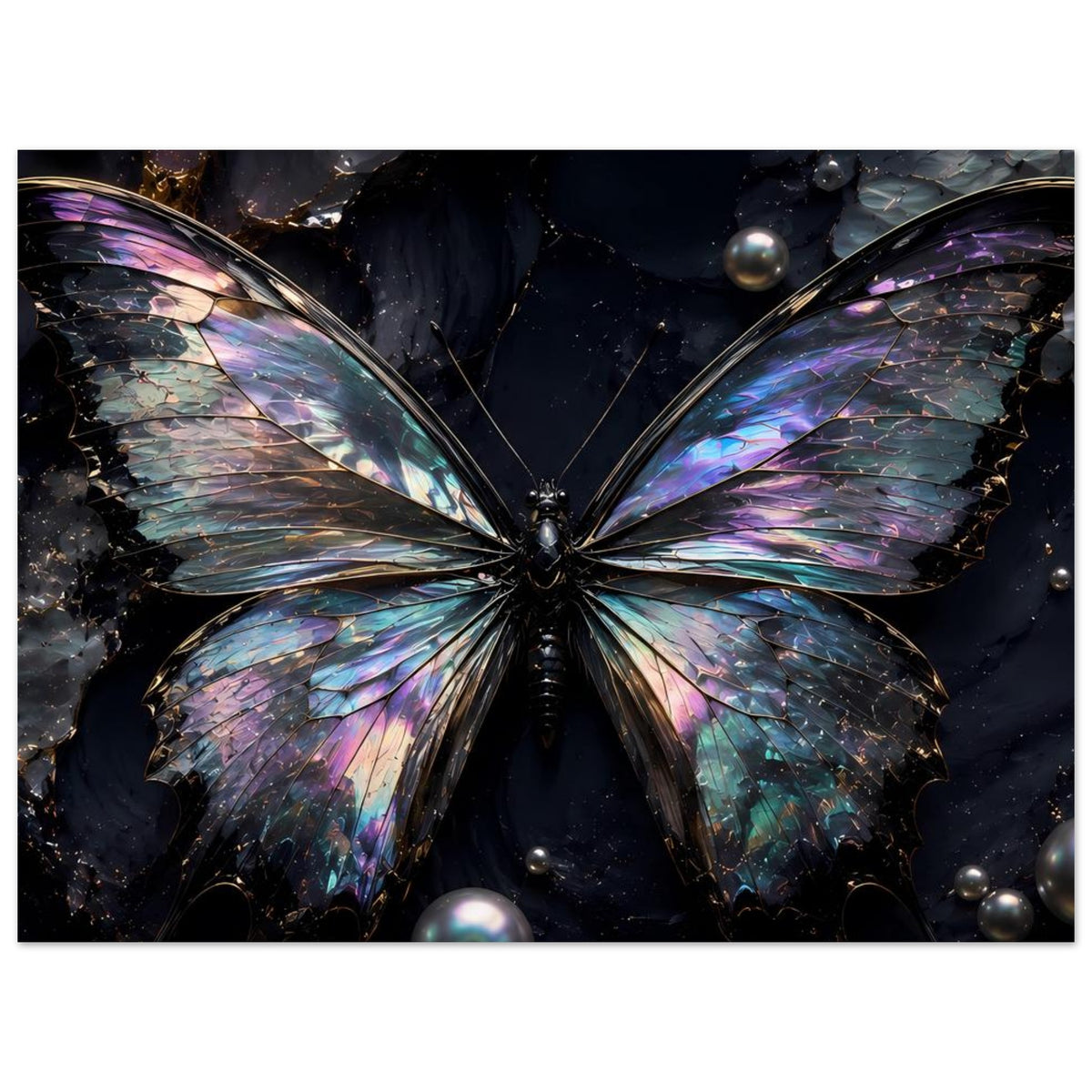 Schmetterling-Poster im Querformat, schillernde Flügel mit blau-violetten Akzenten