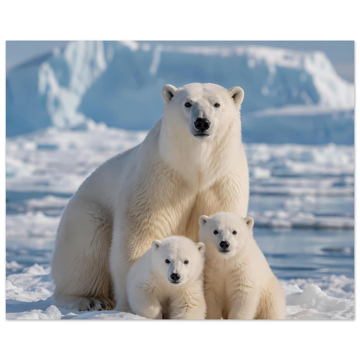 Kunstdruck mit Eisbärenfamilie: großer Eisbär und zwei Jungen im Winter-Schnee