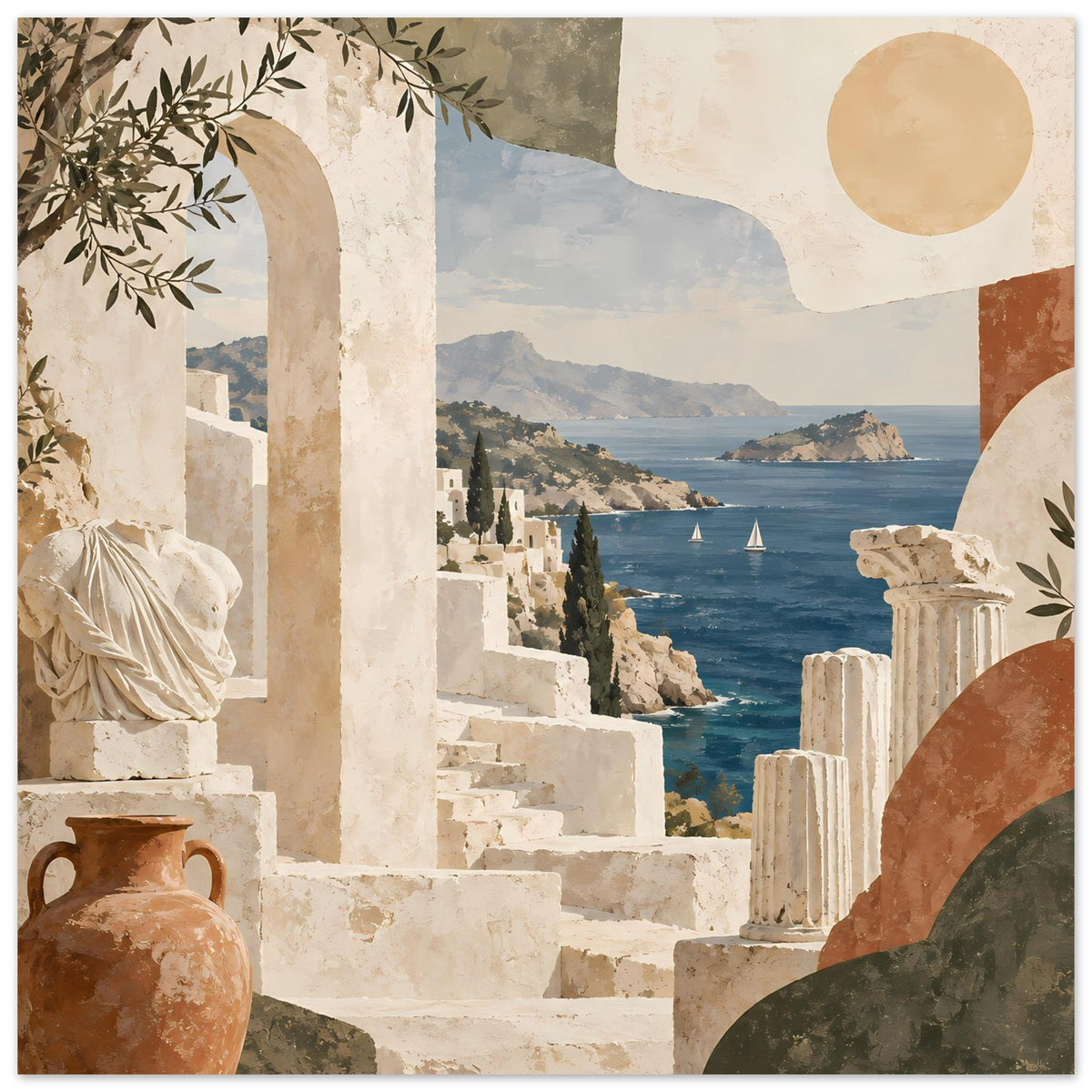 Urlaubs-Poster mit mediterranem Fensterblick: Säulen, Amphoren, Meer und Bojen