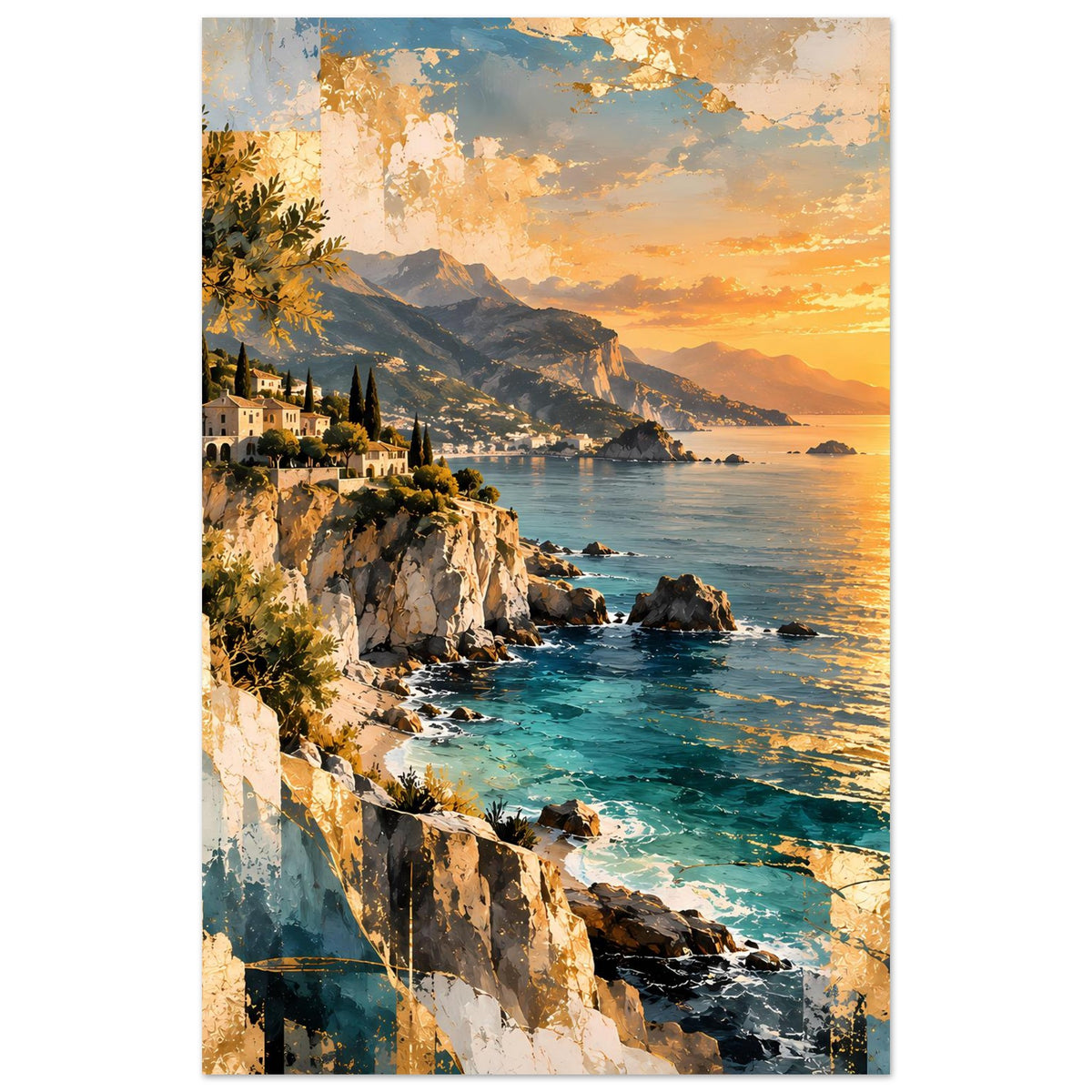 Sonnenuntergang am Meer: Küstenklippen mit Häusern und Booten im Hintergrund, als Poster