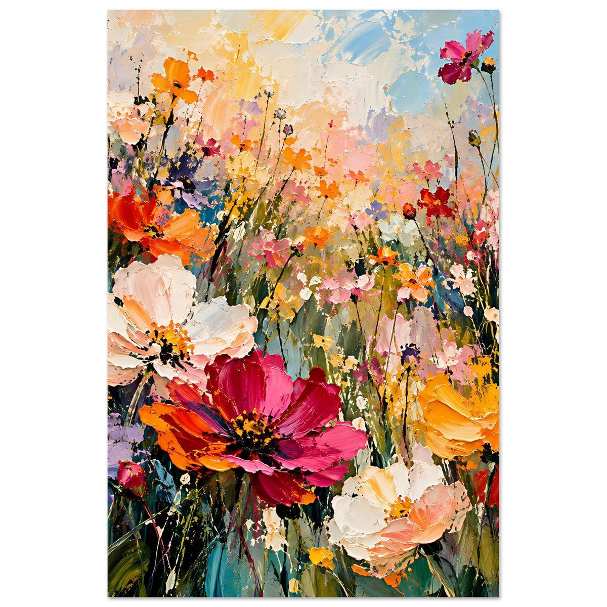 Vertikales Blumenposter mit bunten Blüten, Akzente in Orange, Pink, Lila und Weiß