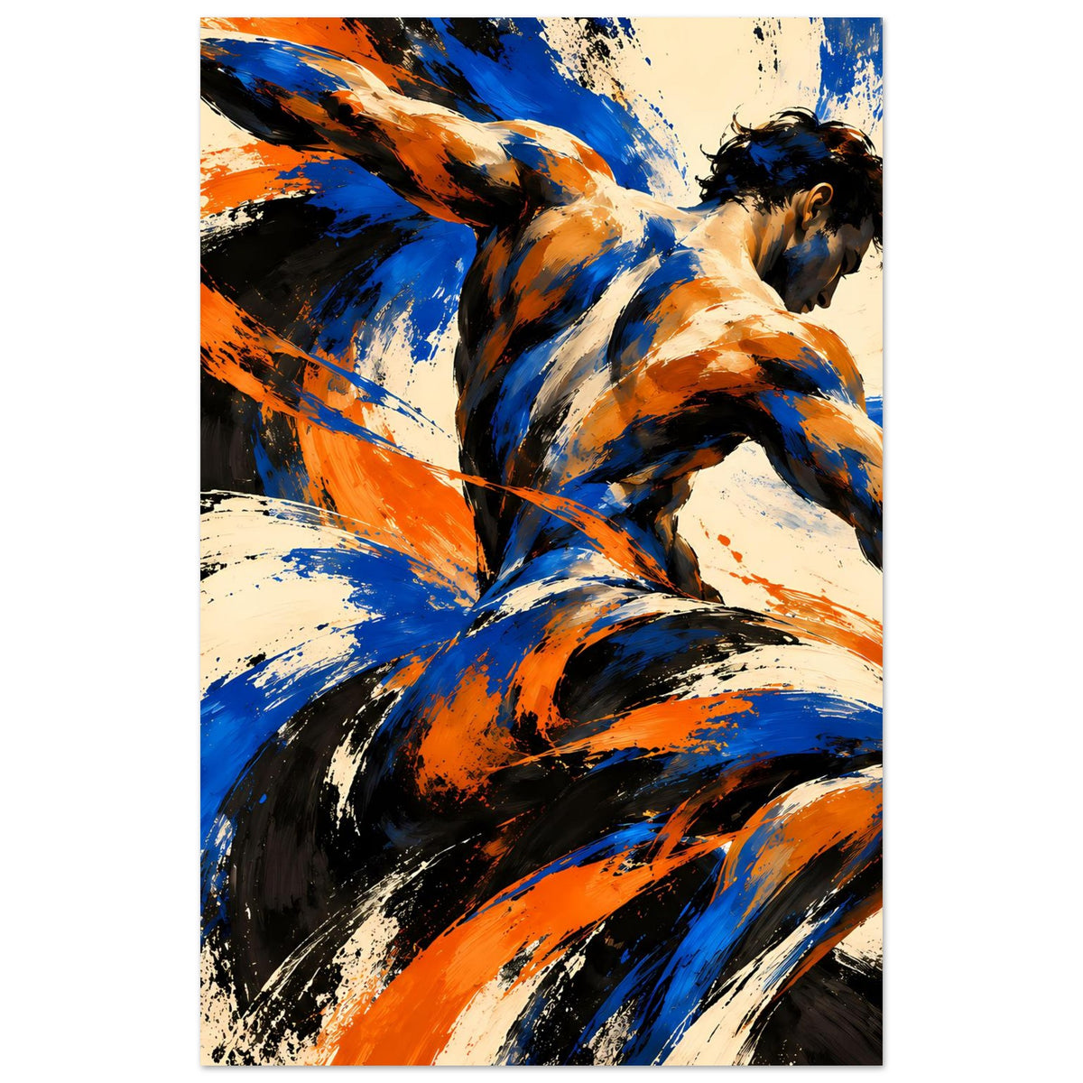 Hochformatiges Kunstposter mit abstrakten Pinselwirbeln und Silhouette in Blau und Orange