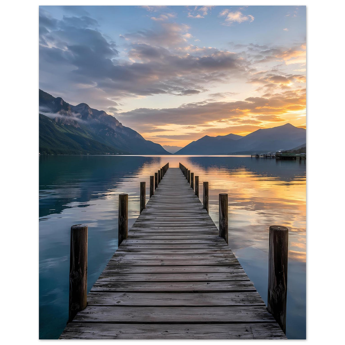 Poster: Steg über See bei Sonnenuntergang, Berge im Dunst und reflektierendes Wasser