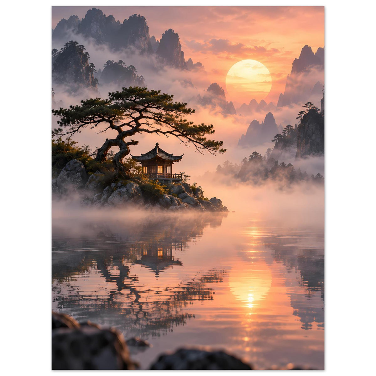 Poster mit Pagode im Dunst über ruhigem See, goldene Sonne und Berge im Hintergrund.