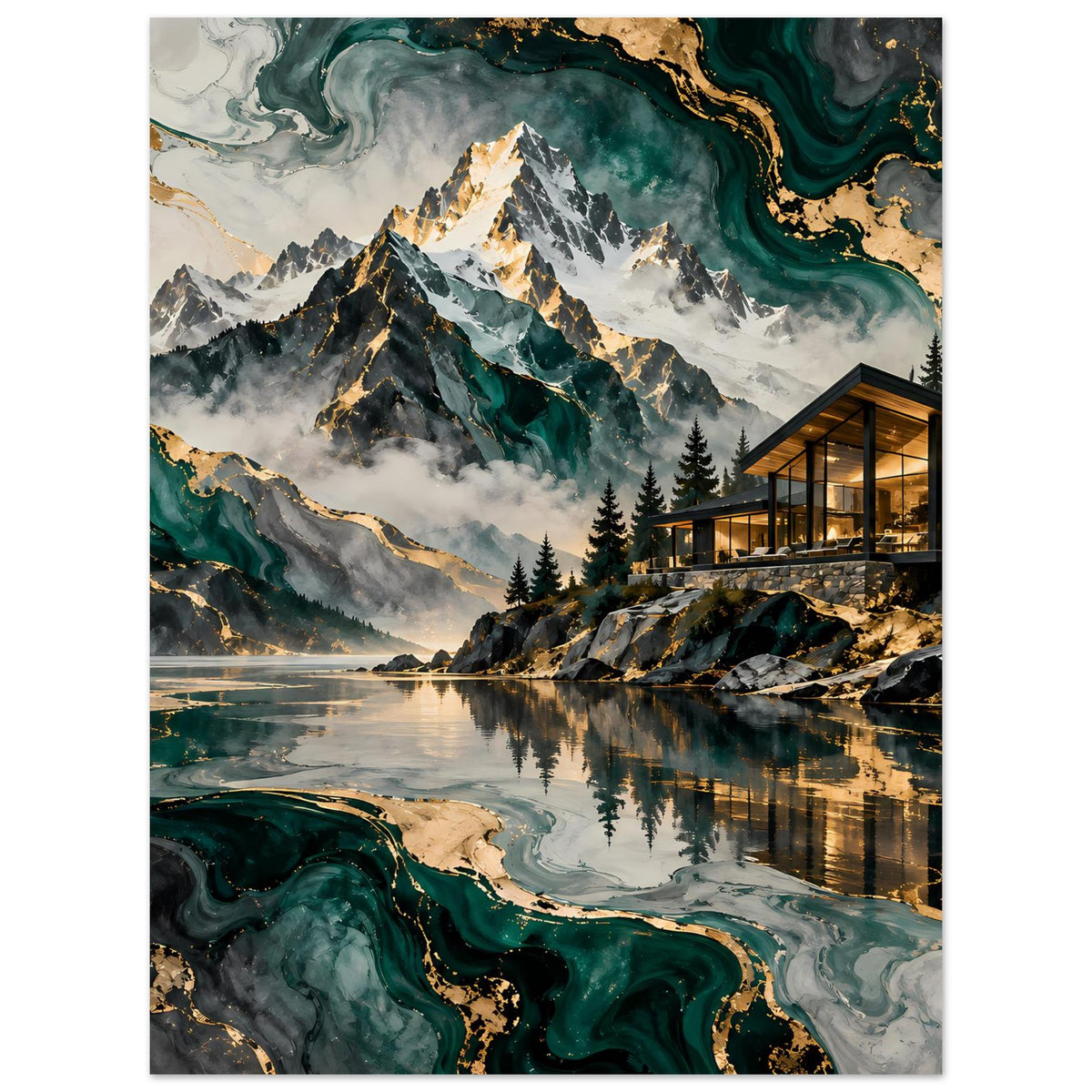 Hochformat-Poster: Alpenlandschaft mit Fluss-Formen, goldumrandeten Akzenten und Glaspavillon.