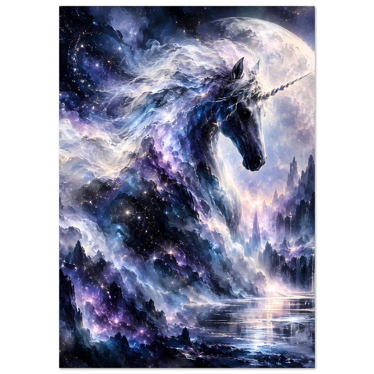 Galaktisches Einhorn-Poster, vertikal: Einhornkopf und Mähne, Sterne und Mond im Bild