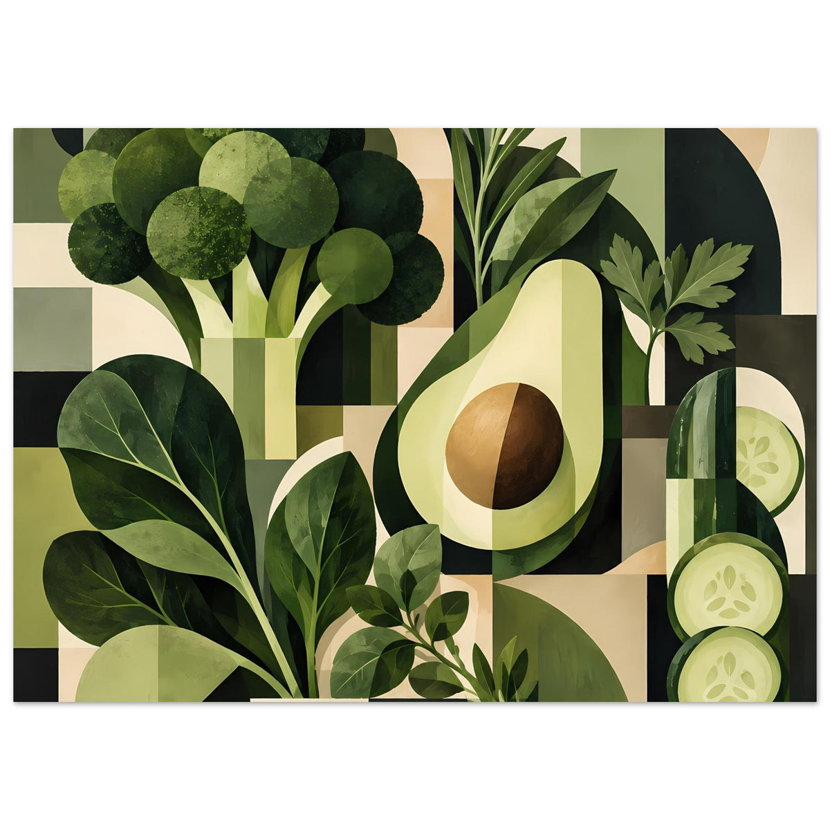 Poster im Querformat mit Avocado, grünen Blättern und abstrakten Pflanzenformen