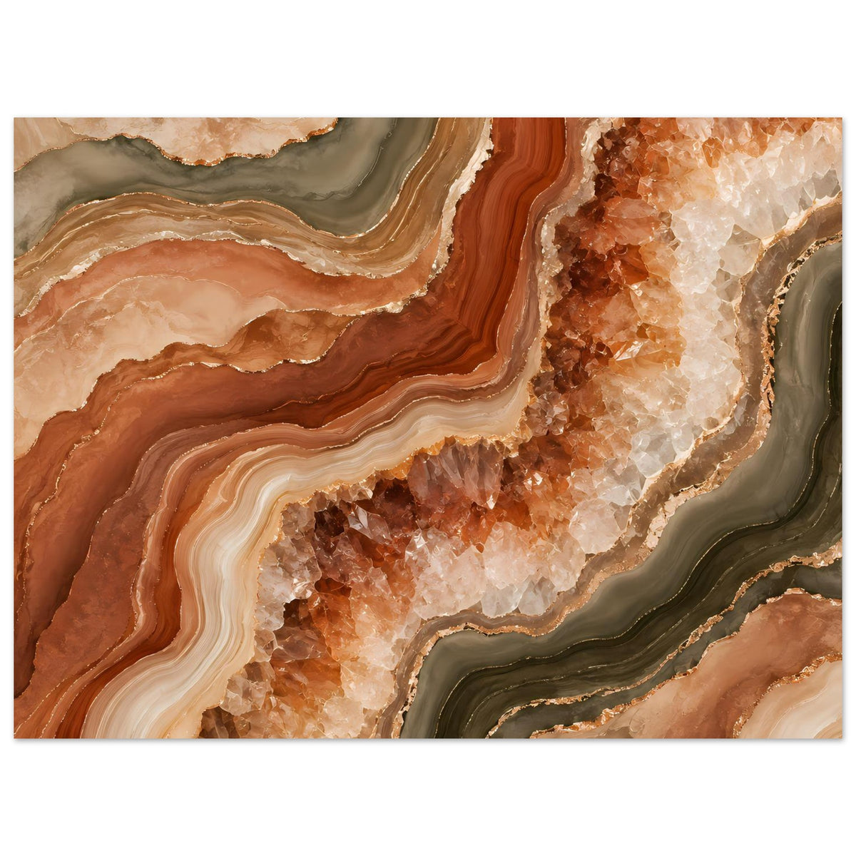 Horizontales Geoden-Poster mit braunen, beigen und goldenen Farbverläufen sowie Kristallbanden