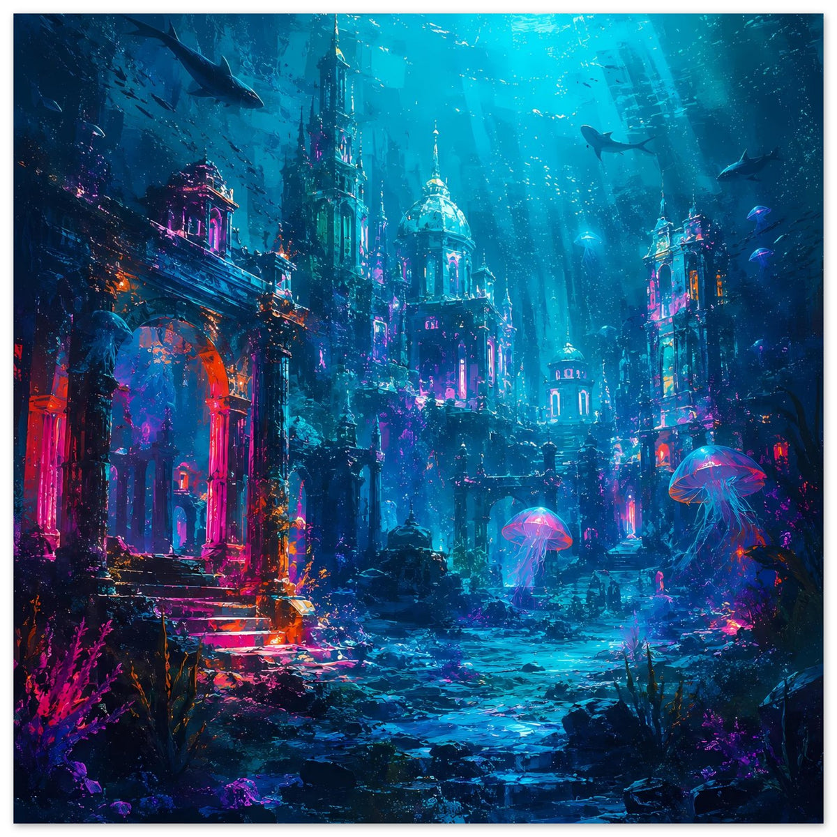 Unterwasser-Fantasy-Poster mit versunkener Stadt und leuchtenden Quallen, rechteckig eingerahmt