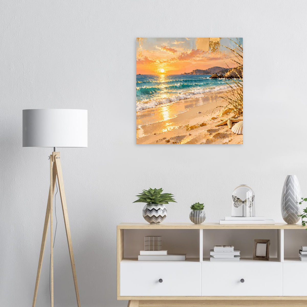 Wandposter mit Sonnenuntergang über dem Meer am Strand mit Dünen und Blick aufs Wasser