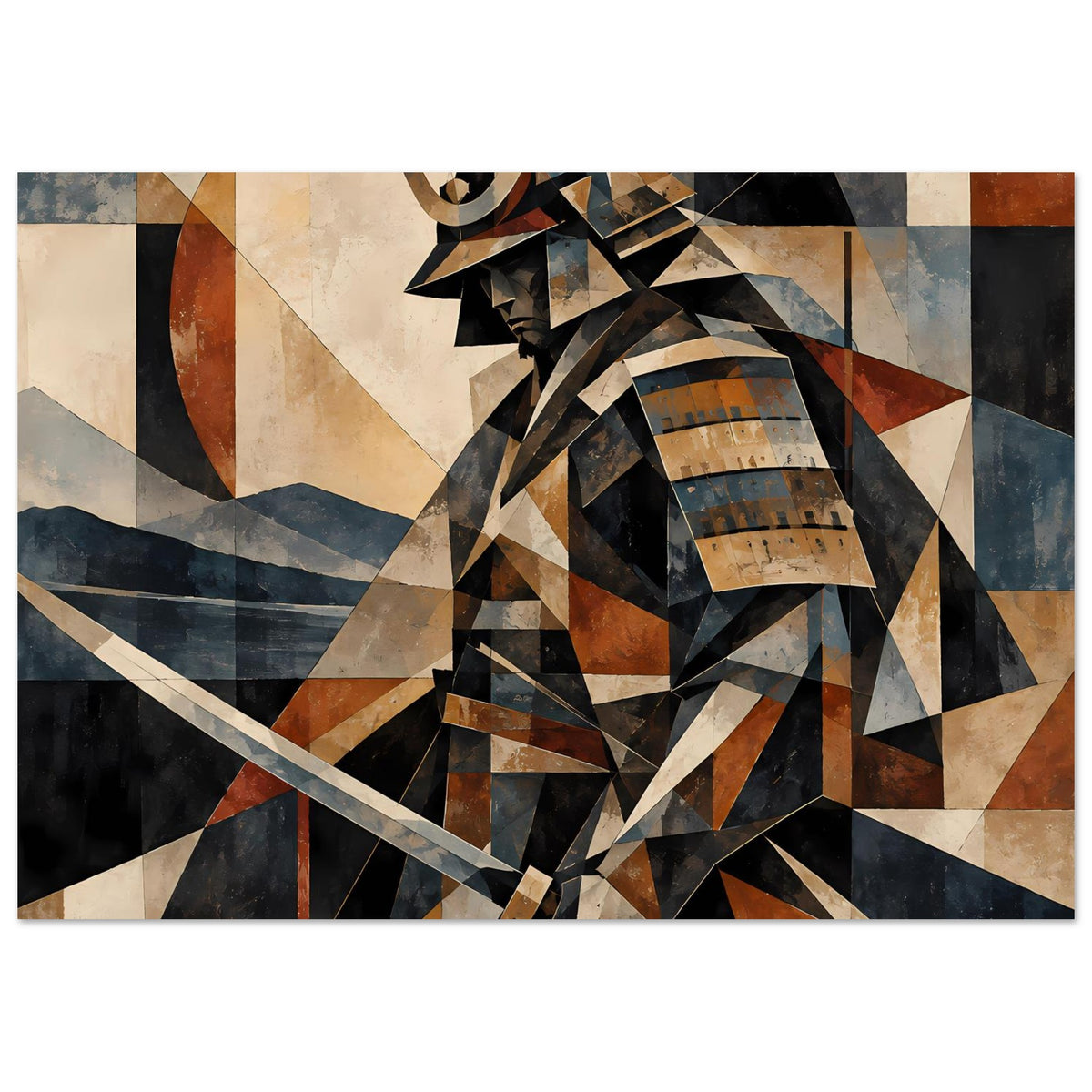 Poster mit geometrischem Samurai-Krieger, Fokus auf Rüstung und Schwert in Blau