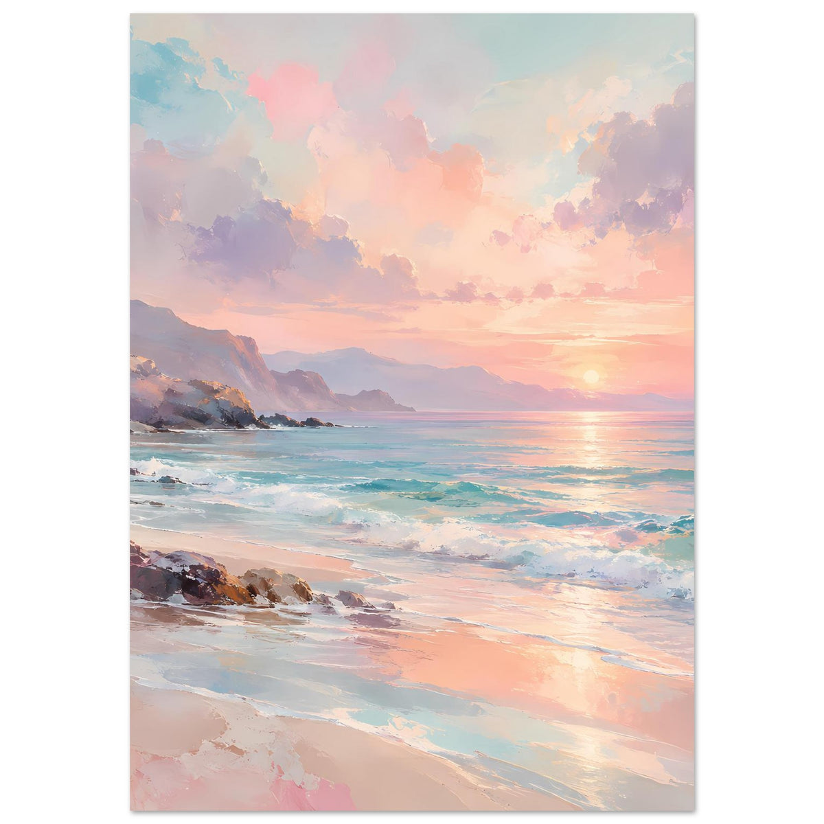 Hochkant-Poster: Strandküste mit türkisfarbenem Wasser und rosa Wolken am Horizont