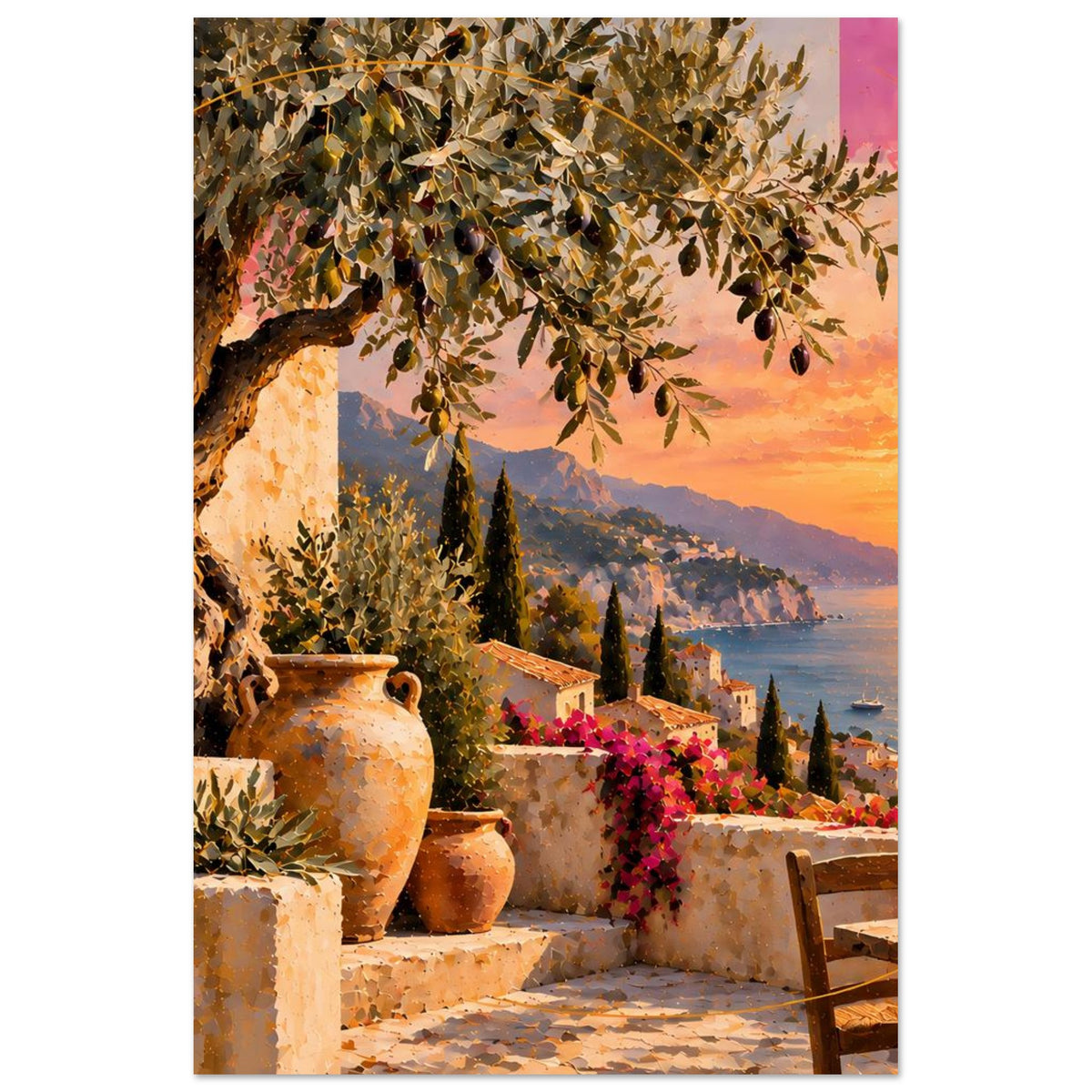 Kunstdruck-Poster (hochkant) mit Olivenzweigen, Terrakotta-Vasen, Balkon und Sonnenuntergang am Meer.