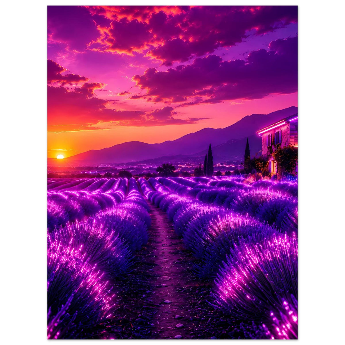 Premium-Poster (Hochformat) mit leuchtenden violetten Lavendelreihen und warmem Sonnenuntergang