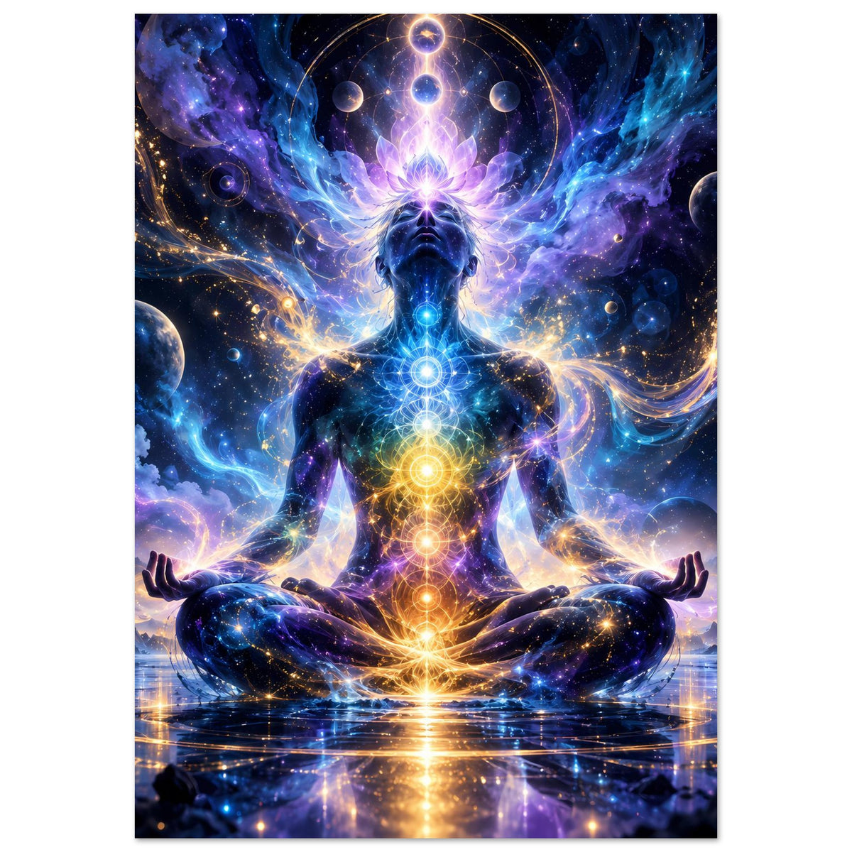 Spirituelles Poster im Hochformat: Meditationsfigur mit leuchtender Chakra-Säule über dem Körper