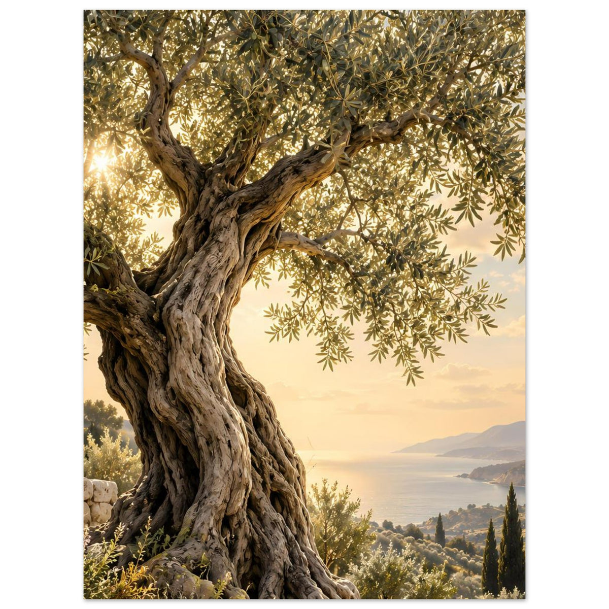 Olivenbaum-Poster mit starkem, gedrehtem Stamm, grünen Blättern und Panorama über die Bucht