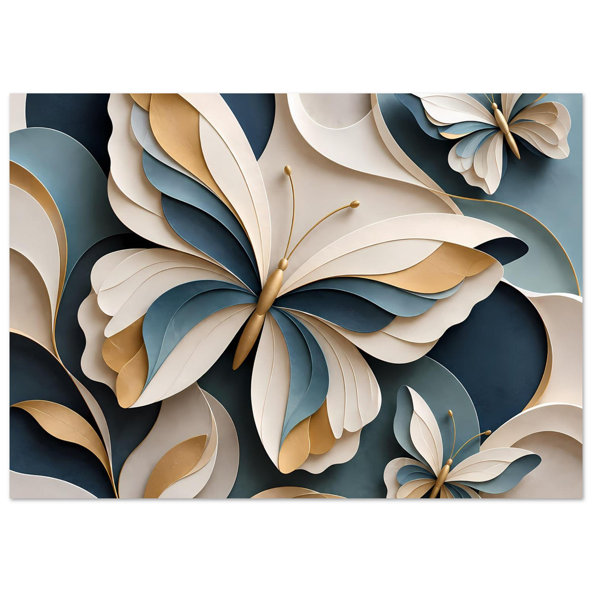 Breites Poster mit Schmetterlings-Motiv in Blau, Gold und Creme, viele Blattformen