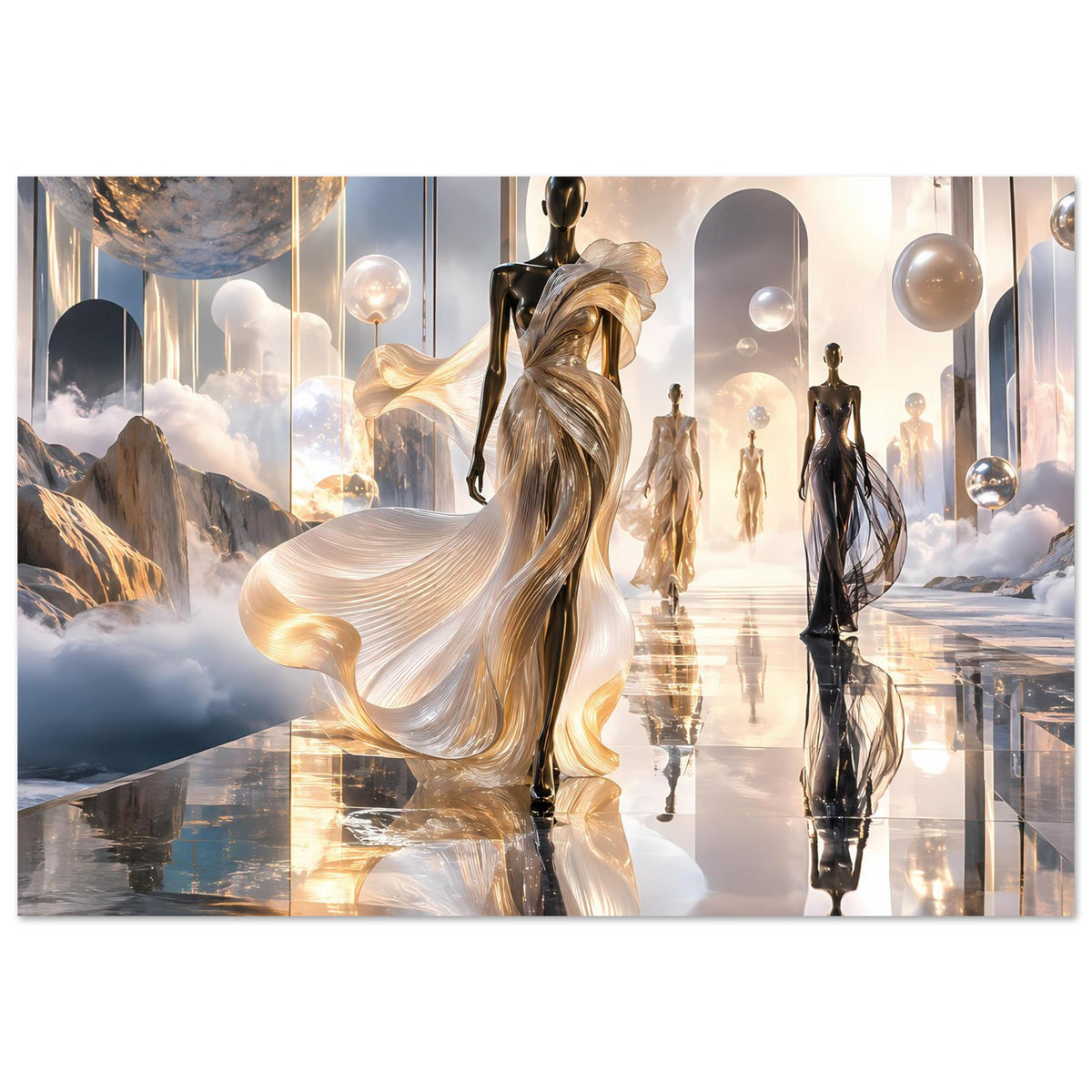 Breites Kunstposter: goldene Figur im Kleid, mehrere Silhouetten auf spiegelndem Laufsteg