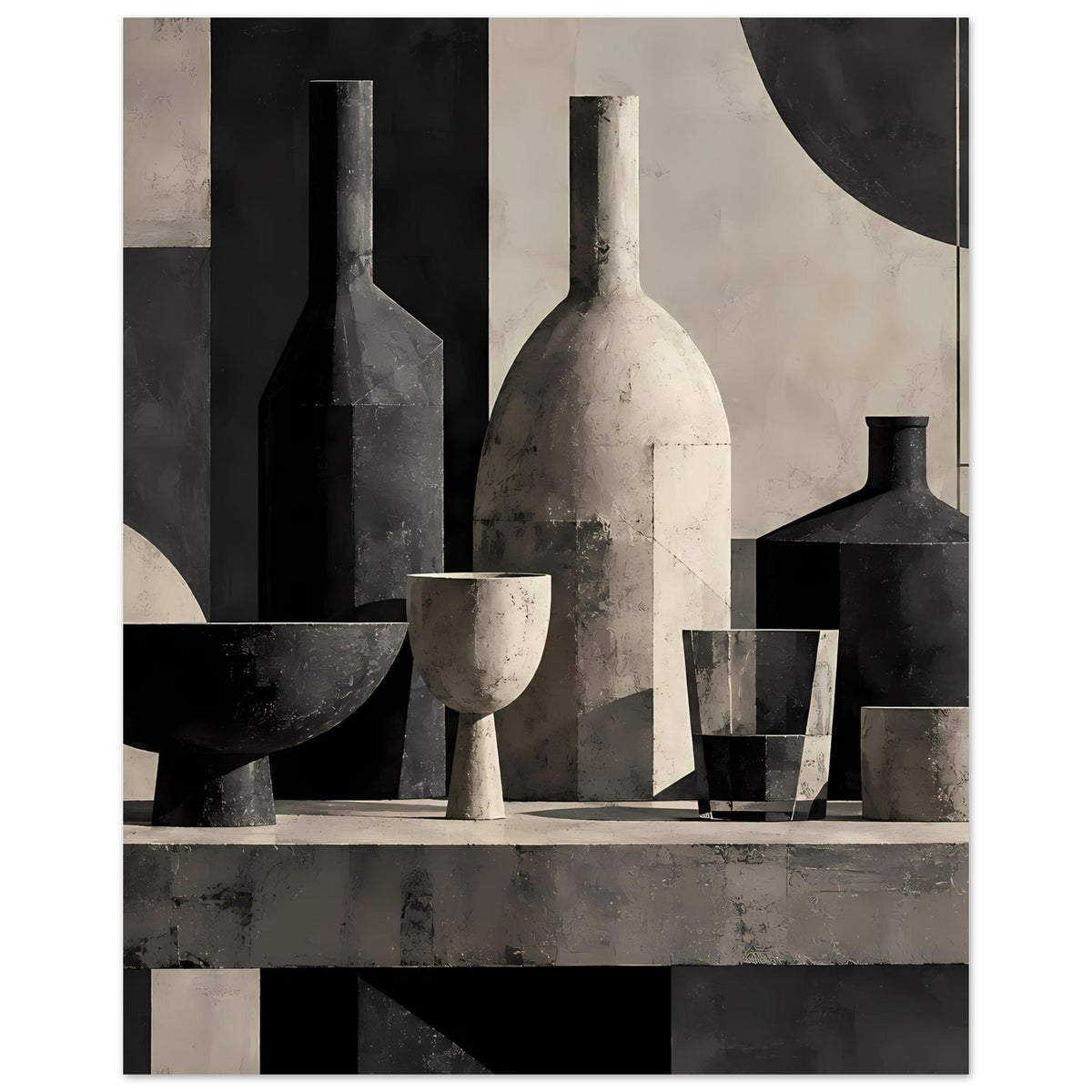 Still-Life-Poster mit geometrischen Formen: Flaschen, Becher und Schalen in Schwarz-Grau