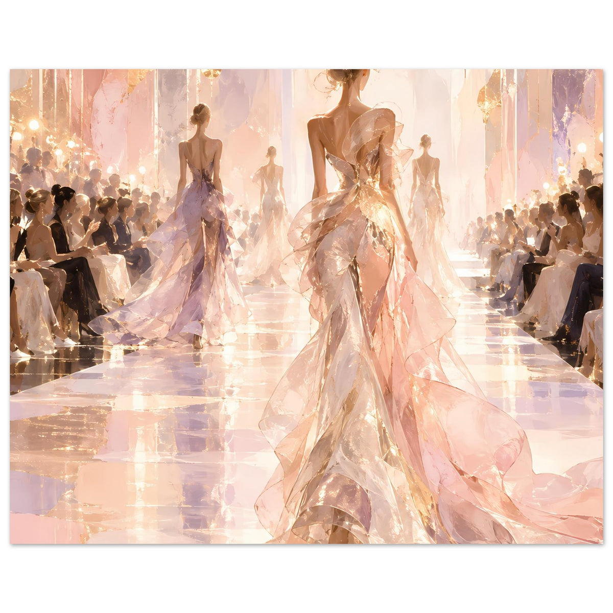Horizontales Poster mit Laufsteg-Motiv: Abendkleid in Beige, mehrere Personen im Saal