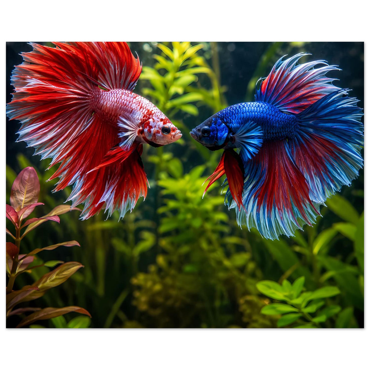 Kunstposter mit rotem und blauem Betta-Fisch, große Flossen, Pflanzen und grünes Wasser
