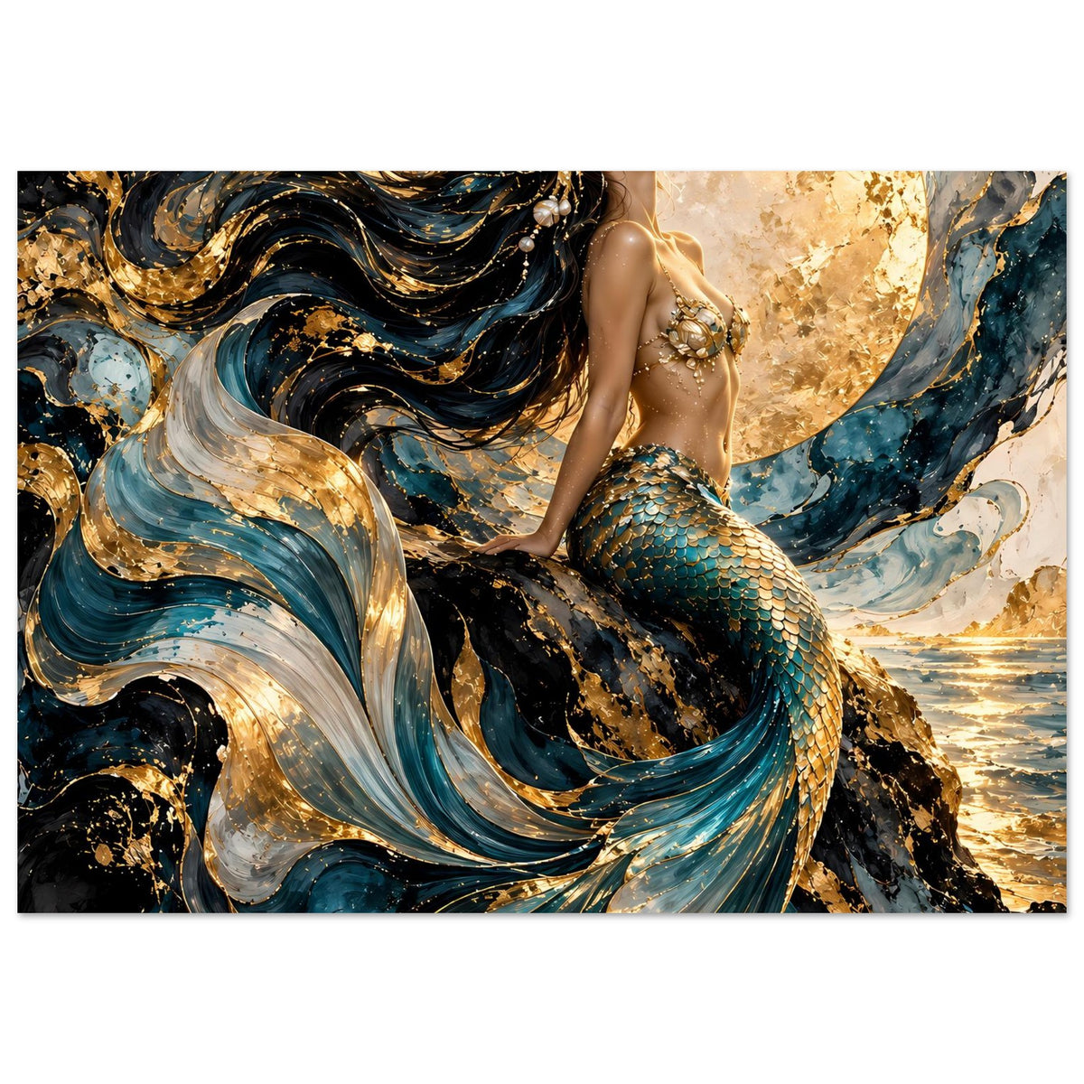 Querformat-Poster mit Meerjungfrau, schimmernde Türkis-Gold Flosse, goldener Mondkreis