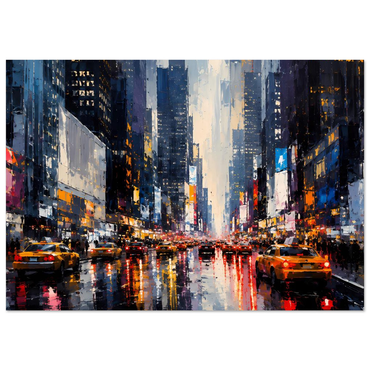 Horizontales Poster mit regennasser Großstadtstraße, Autos in Orange und Neonreflexen