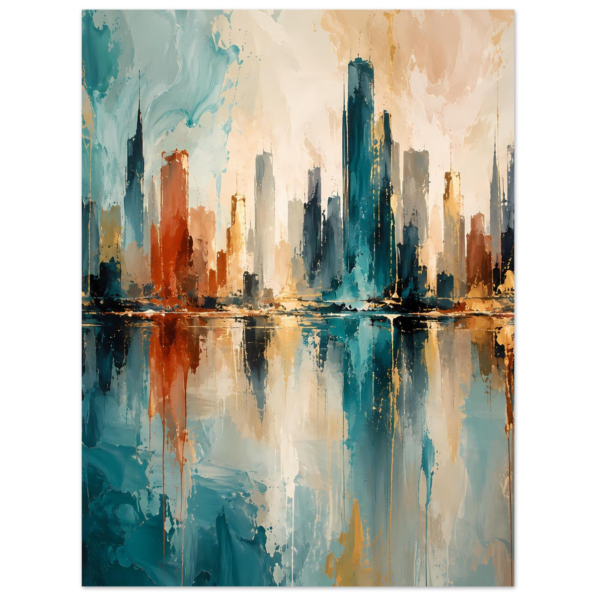 Abstraktes Skyline-Poster: Hochhäuser und Spiegelung, Blau, Gold und Rost im Rahmen