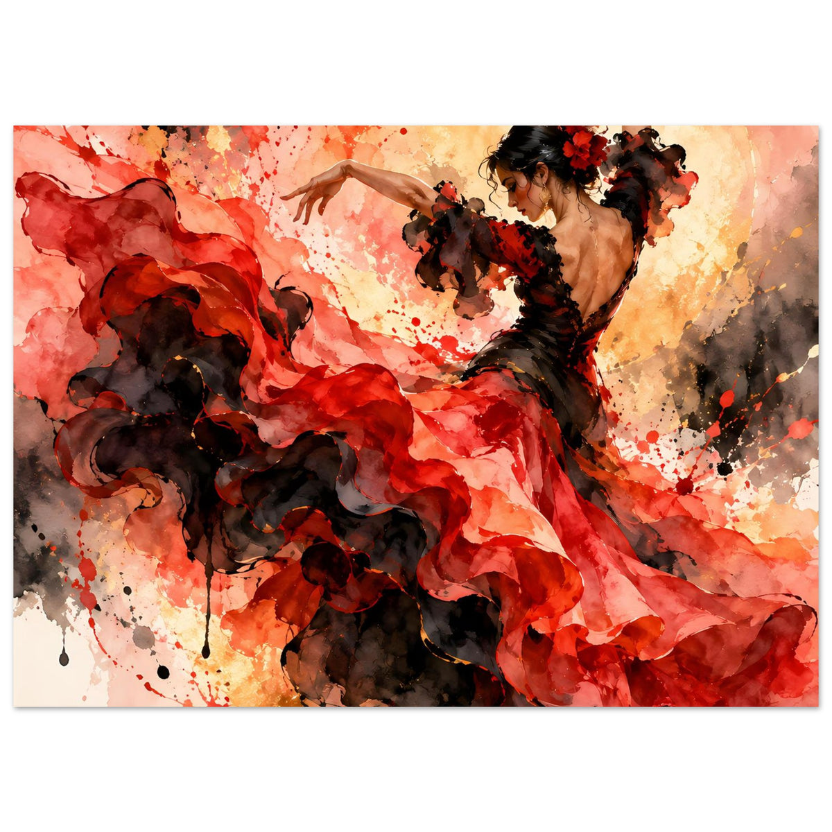 Dynamisches Tanzposter mit Flamenco-Tänzerin in rotem und schwarzem Kleid, wehender Rock