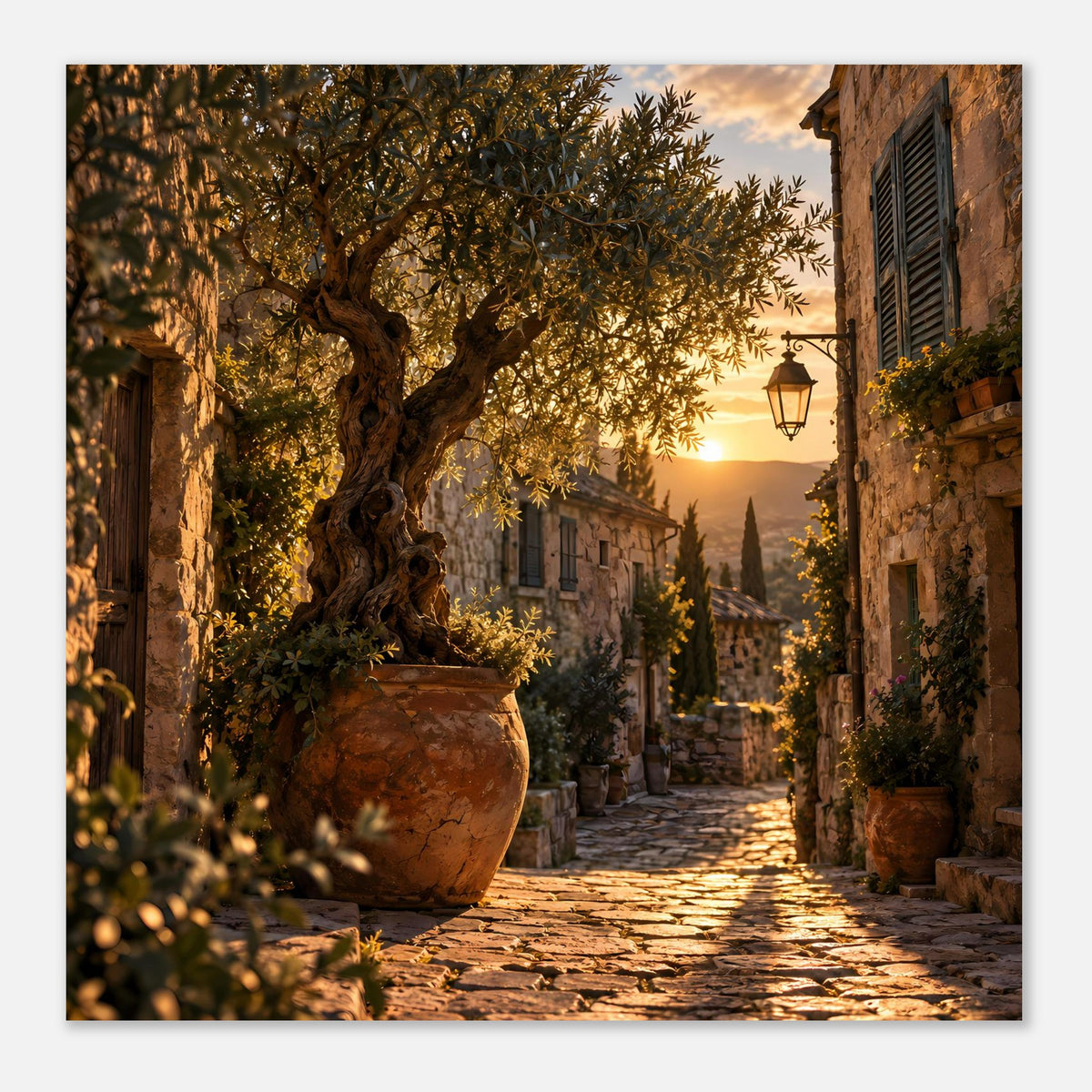 Mediterranes Sonnenuntergangs-Poster mit Olivenbaum, Altstadtfassaden und Laterne