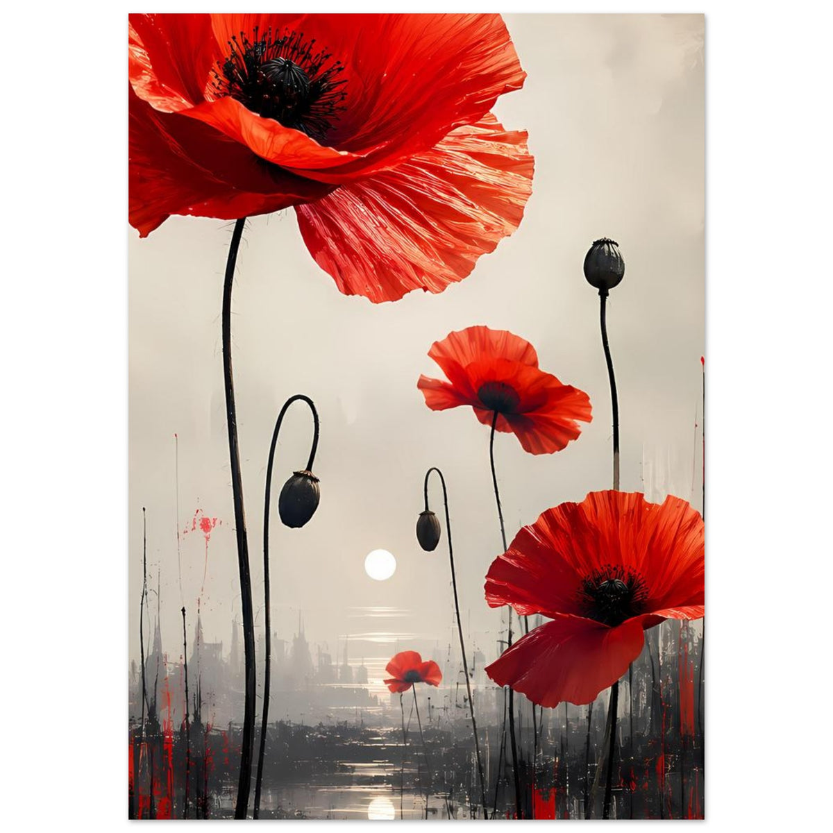 Blumenposter mit großen roten Mohnblüten und kleineren Blüten auf dunklen Stielen
