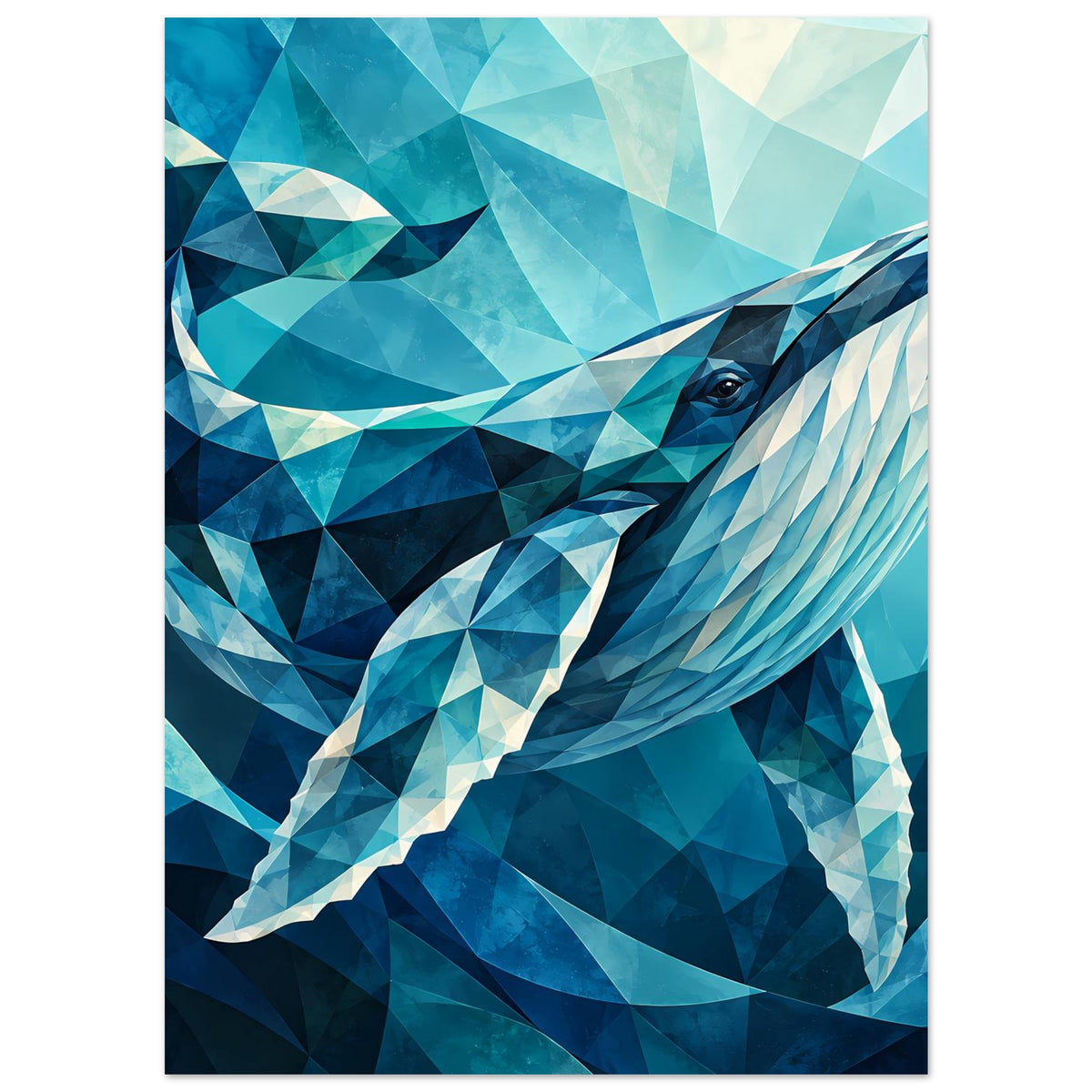 Geometrisches Blauwal-Poster im Hochformat, Blau- und Aquamarinflächen mit Walflosse